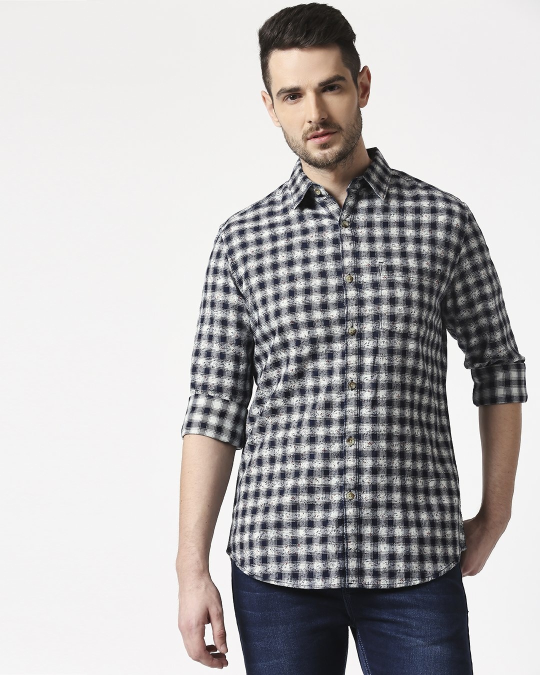 Shop Men's Slim Fit Casual Cotton Indigo Shirt-Front