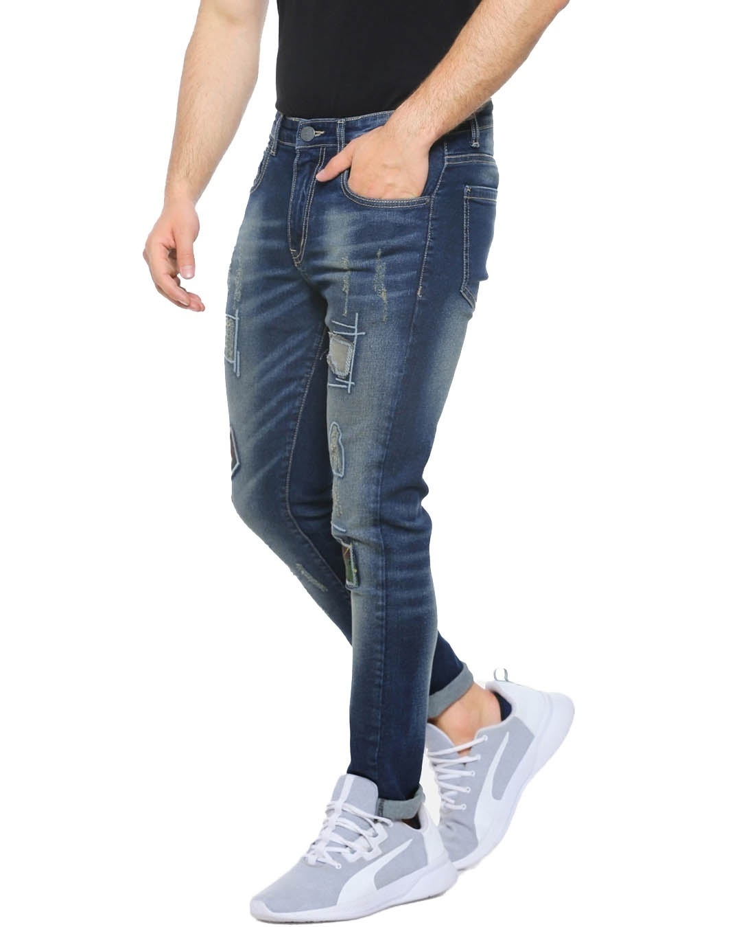 Shop Men's Slim Fit Solid Front Applique Stretch Stylish New Trends Blue Denim Jeans-Back