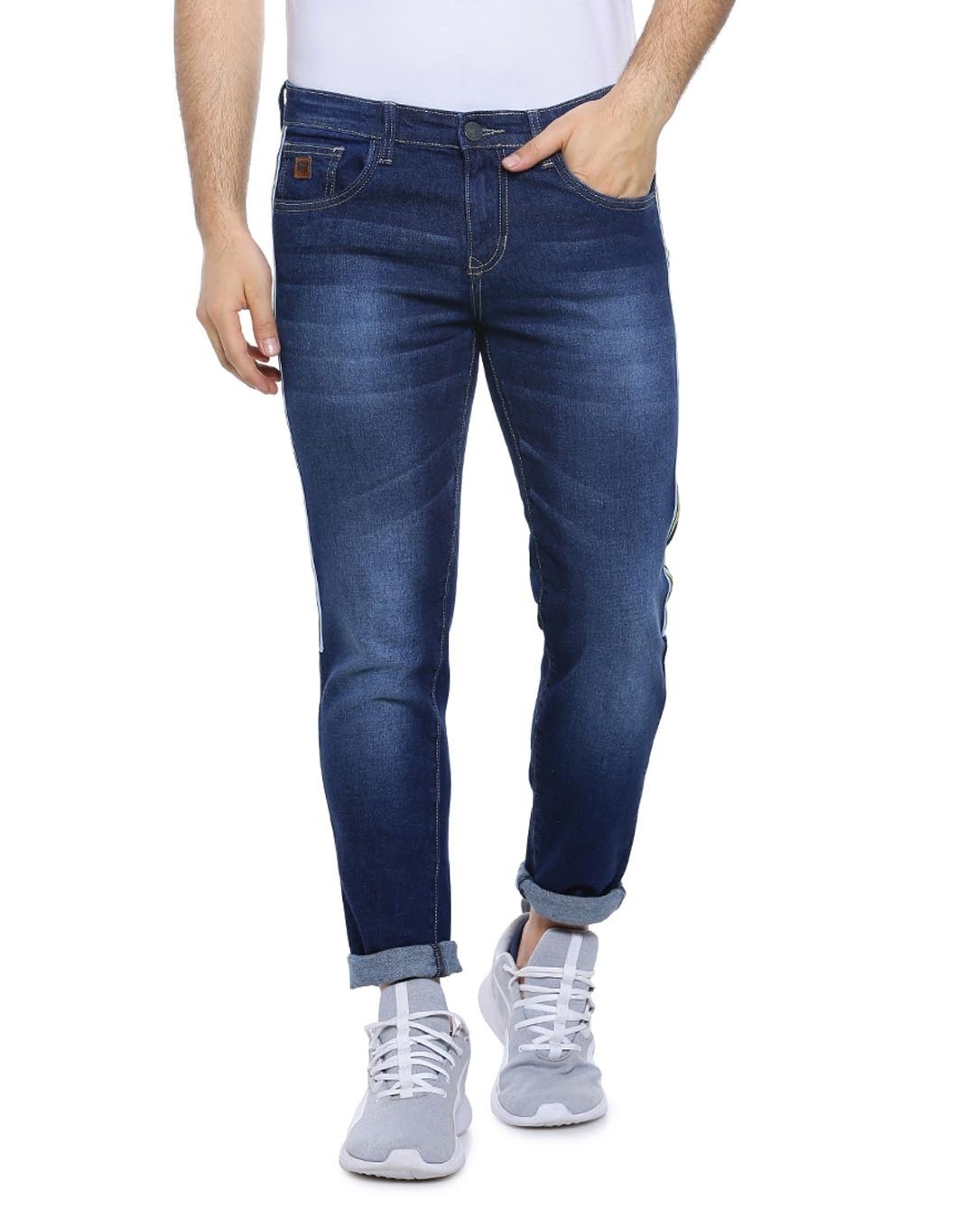 Shop Men's Slim Fit Solid Side Striped Stretch Stylish New Trends Blue Denim Jeans-Front