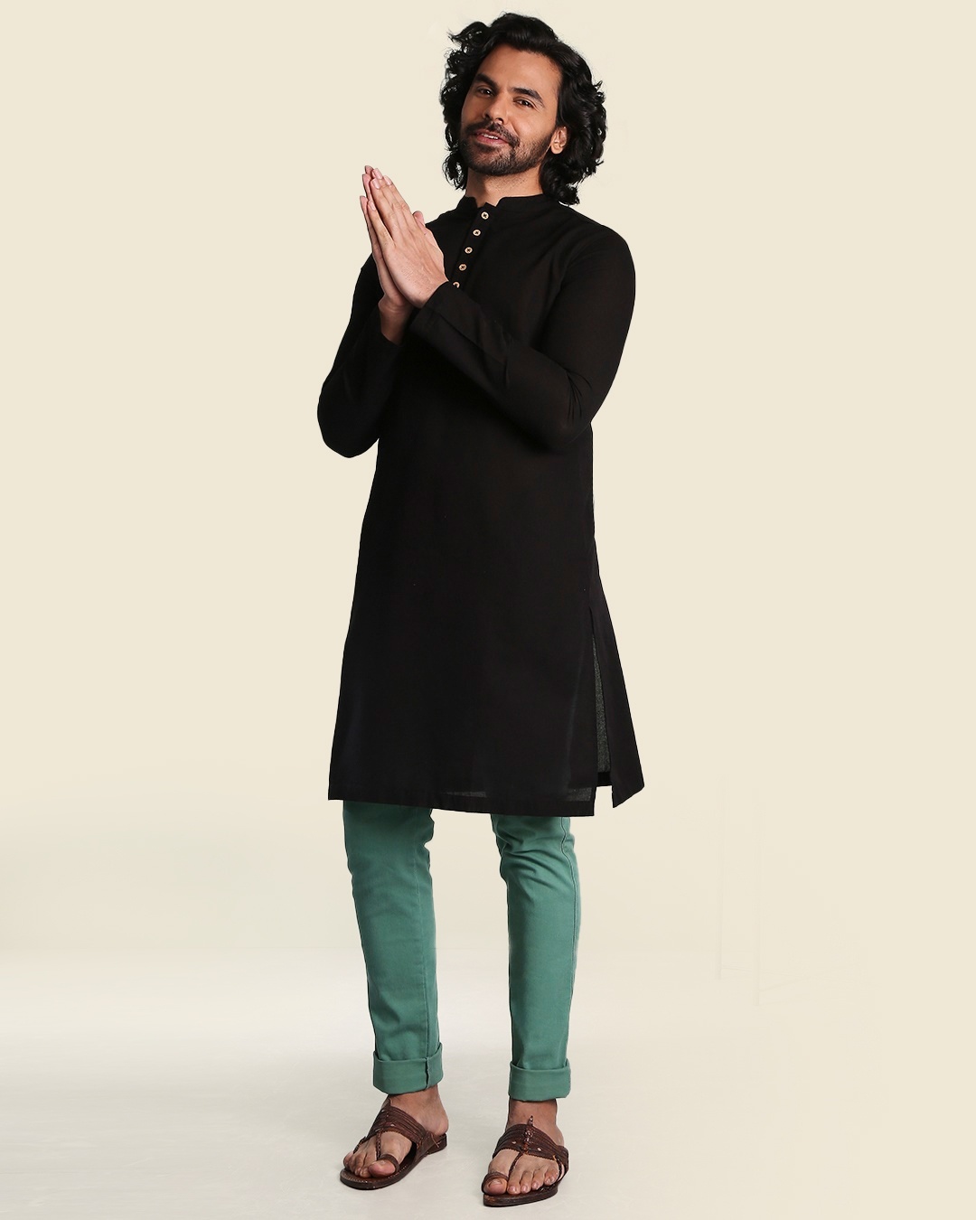 Shop Men's Solid Black Long Kurta-Front