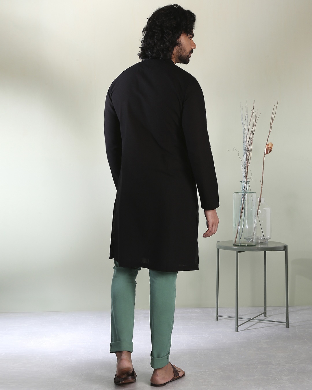 Shop Men's Solid Black Long Kurta-Full