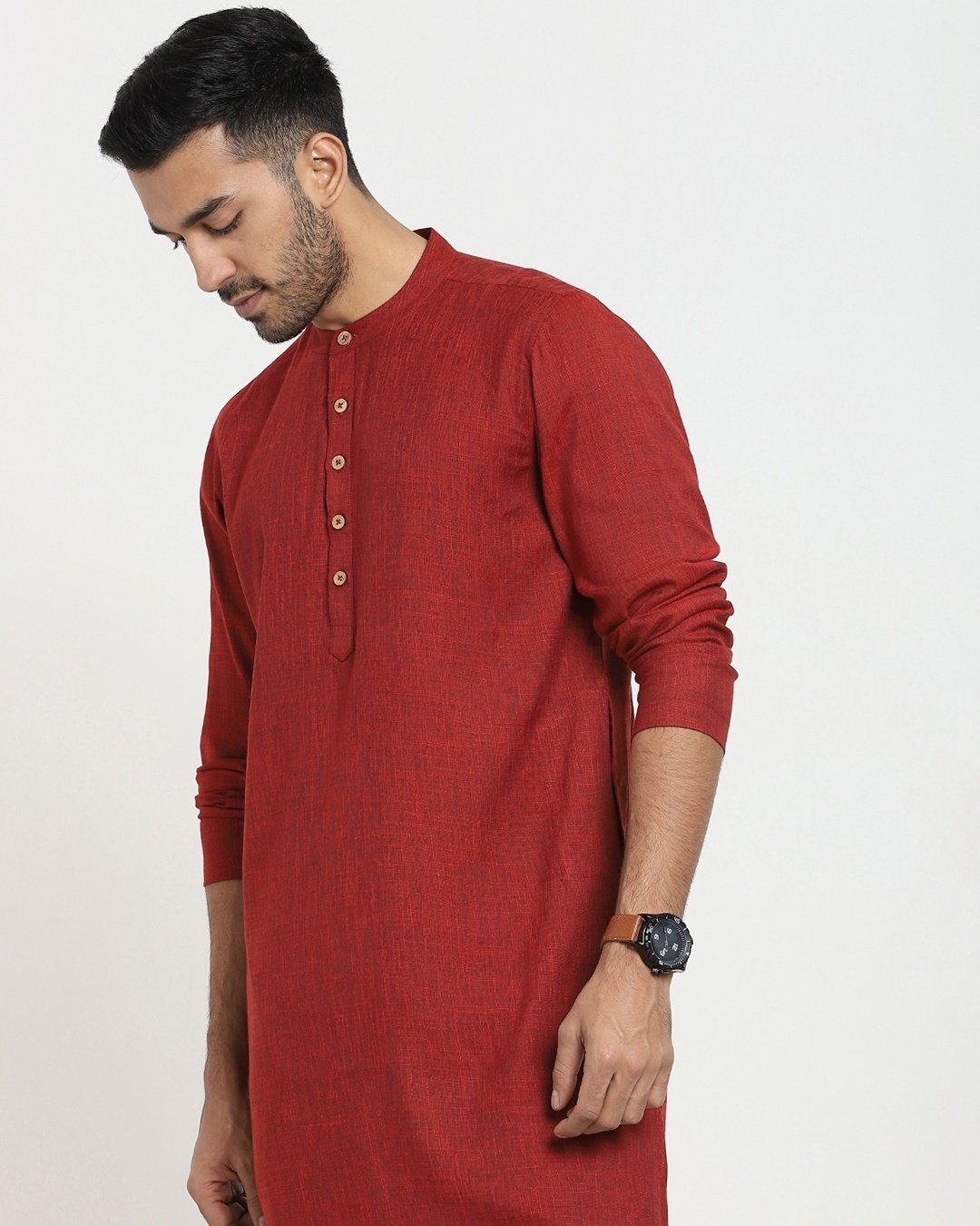 Shop Men's Solid Casual Relaxed Fit Long Kurta-Front