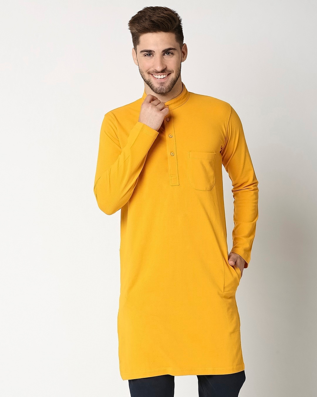 Shop Men's Solid Knit Yellow Relaxed Fit Kurta-Back