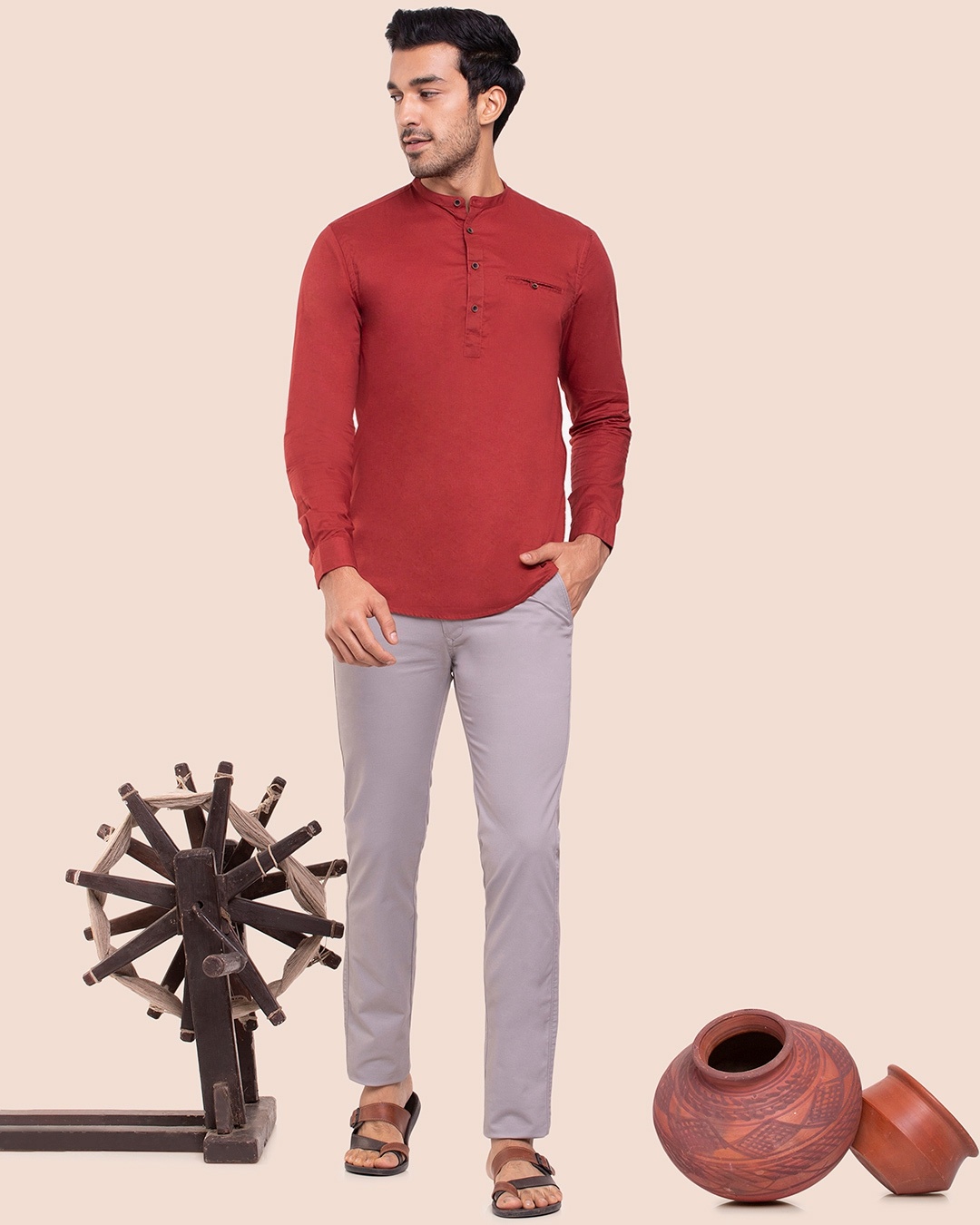 Shop Men's Solid Mandarin Collar Full Sleeves Shirt-Front