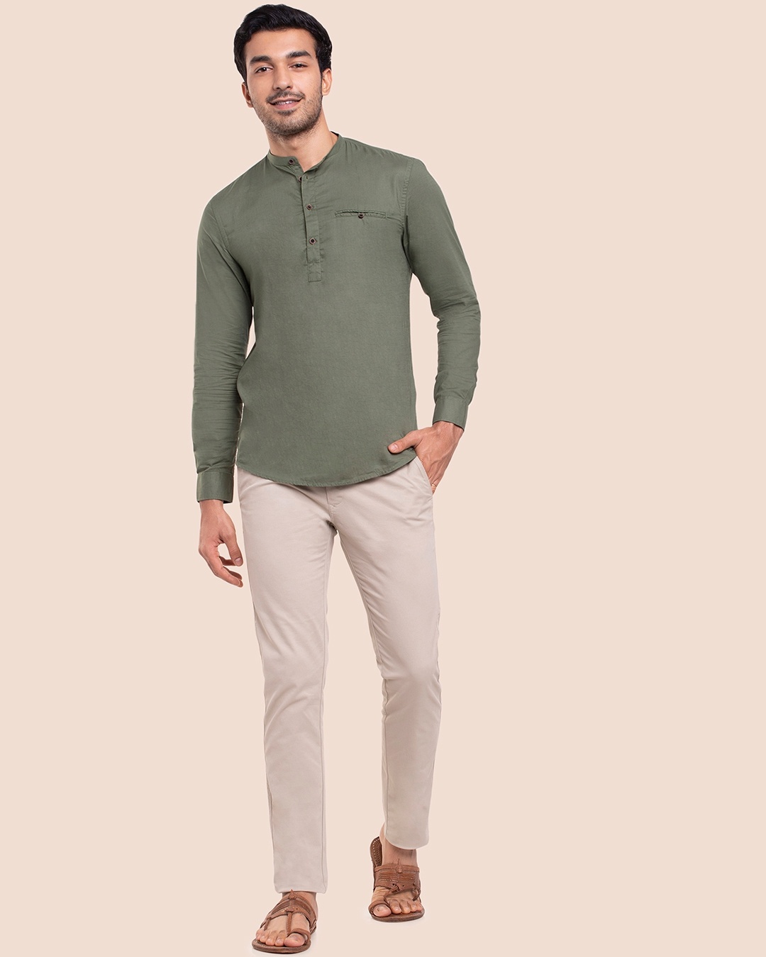 Shop Men's Solid Mandarin Collar Relaxed Fit Shirt