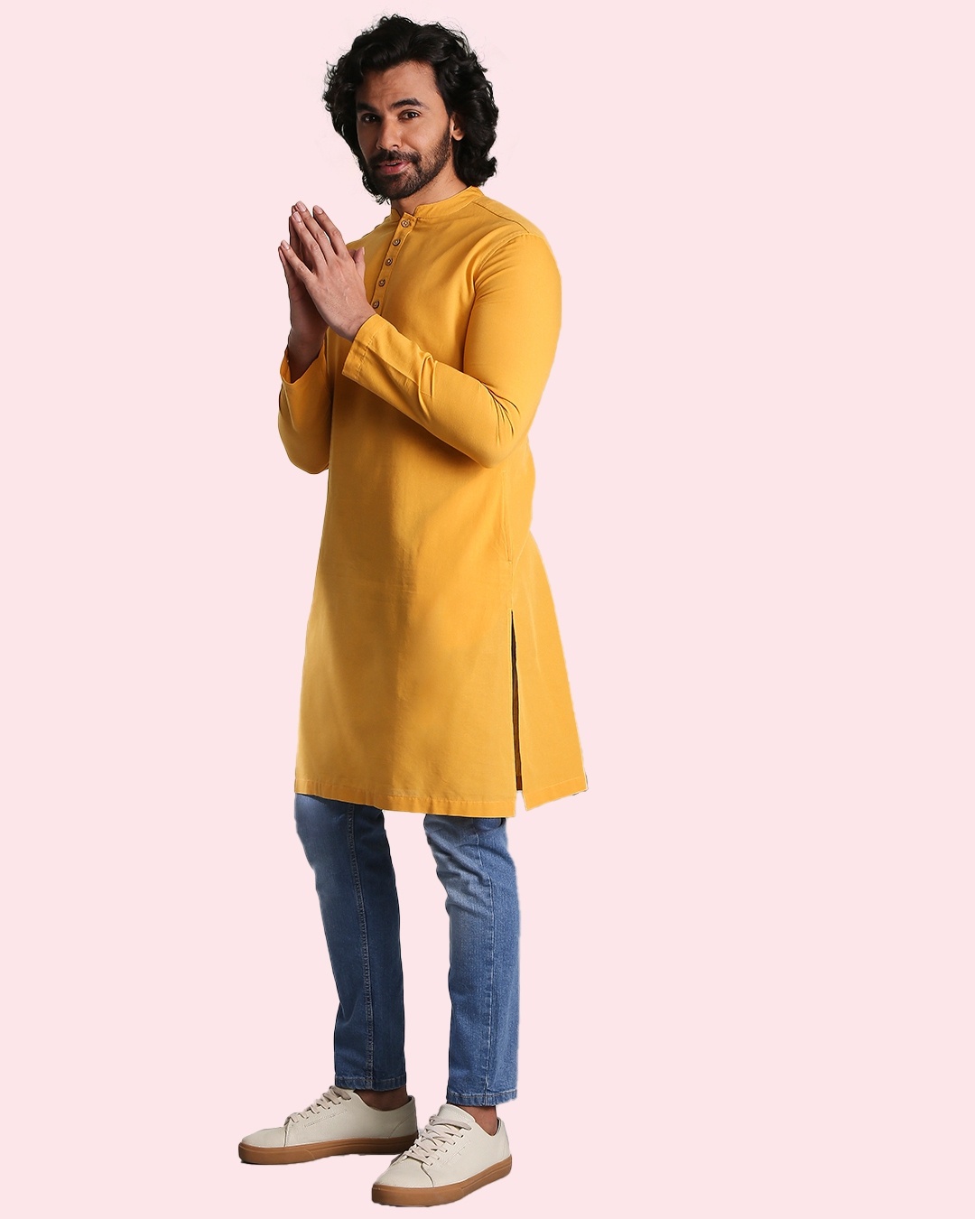 Shop Men's Solid Mustard Long Kurta-Front