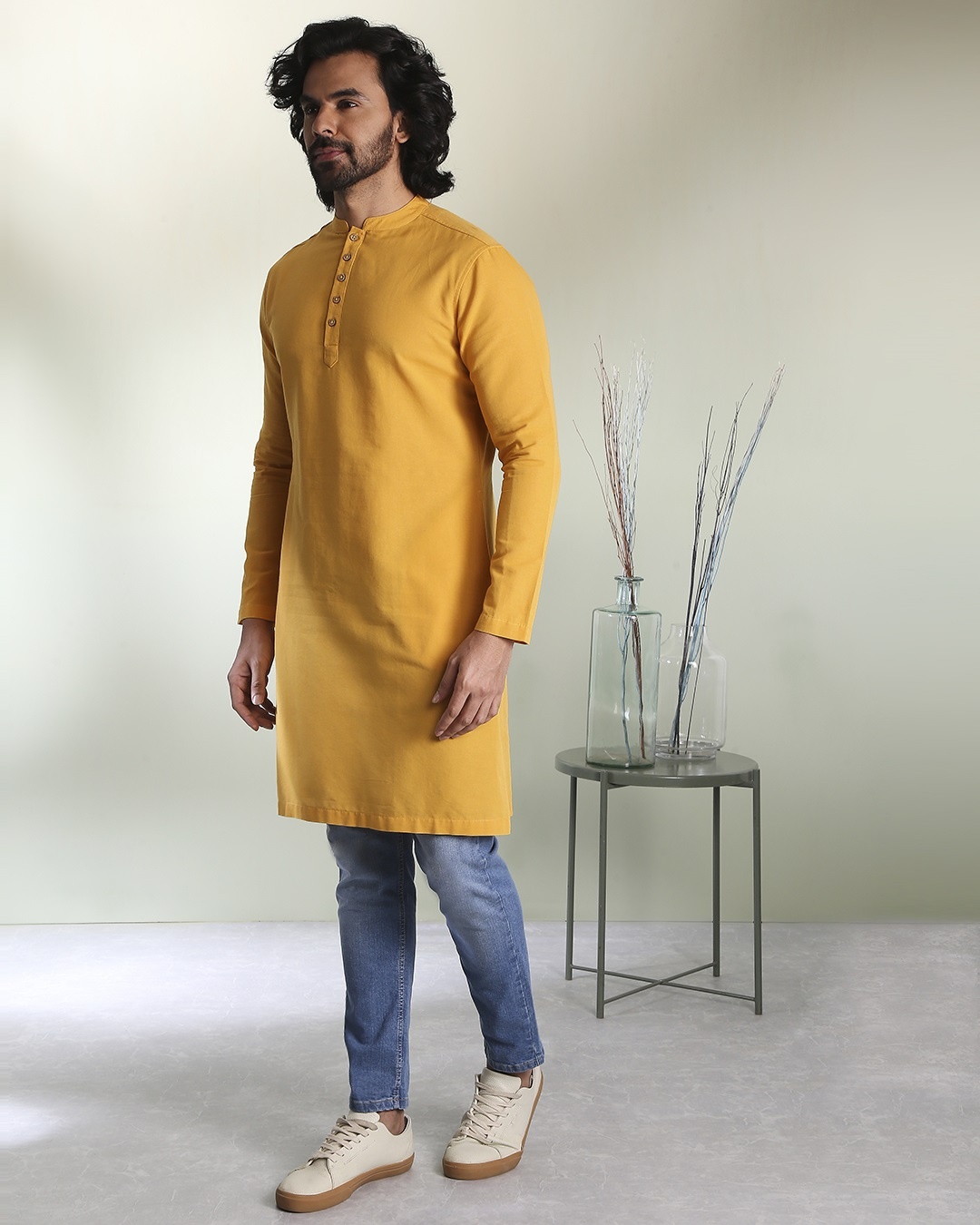 Shop Men's Solid Mustard Long Kurta-Design