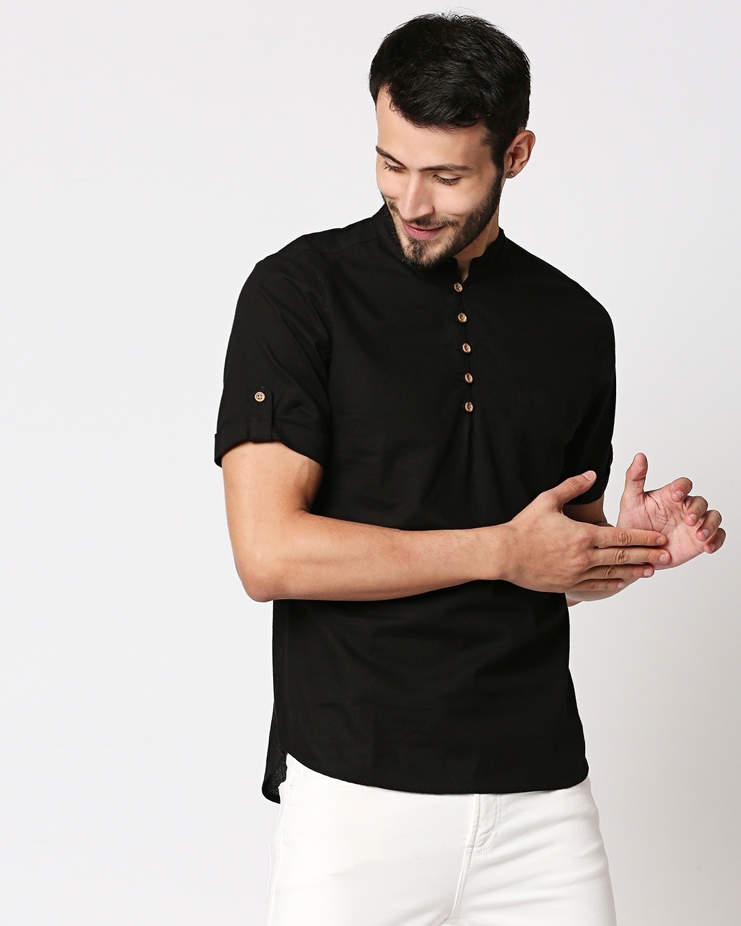 Shop Men's Solid Short Half Sleeves Kurta-Front