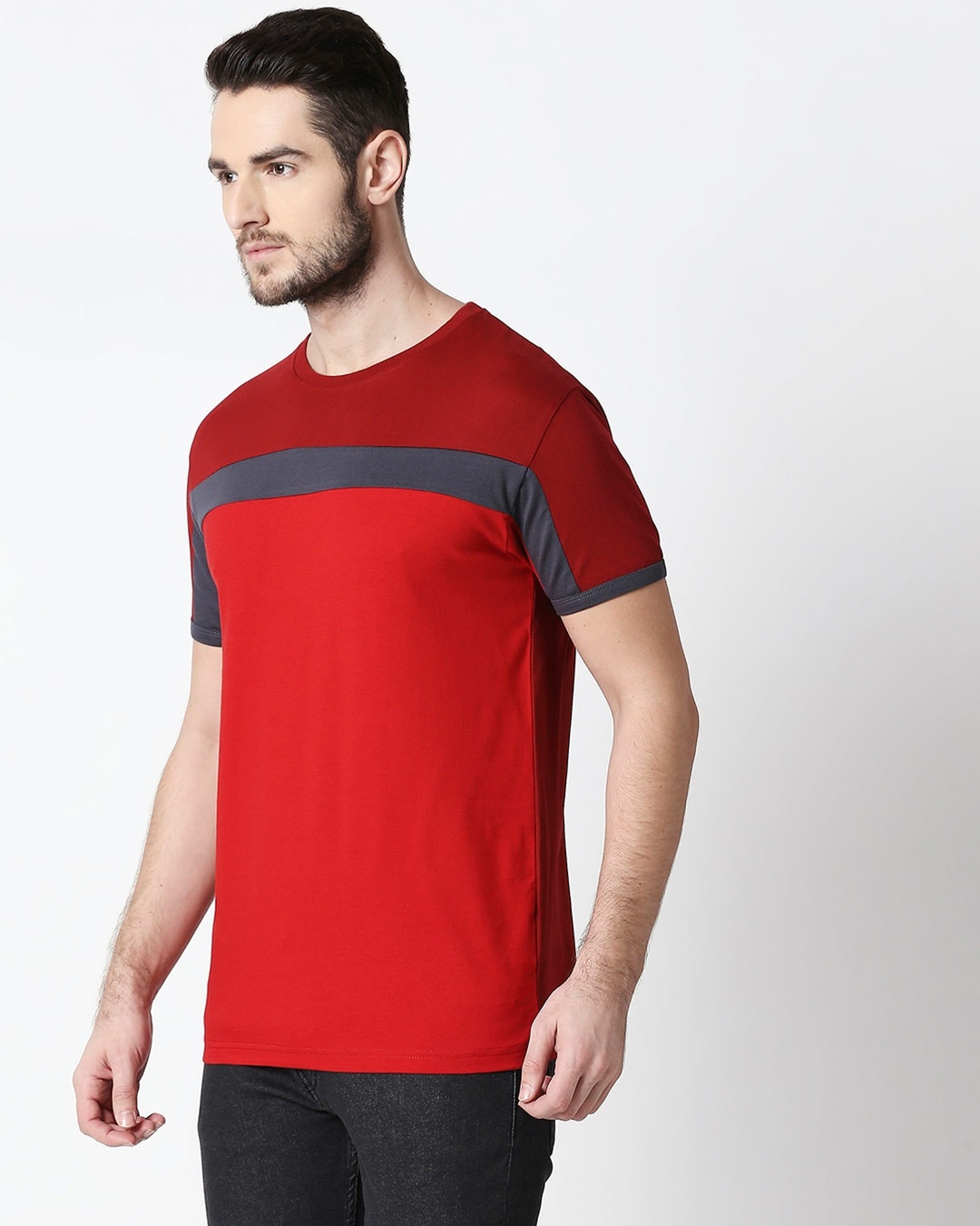 Shop Men's Sporty Three Chest Panel  T-shirt (Scarlet Red-Nimbus Grey-Bold Red)-Back