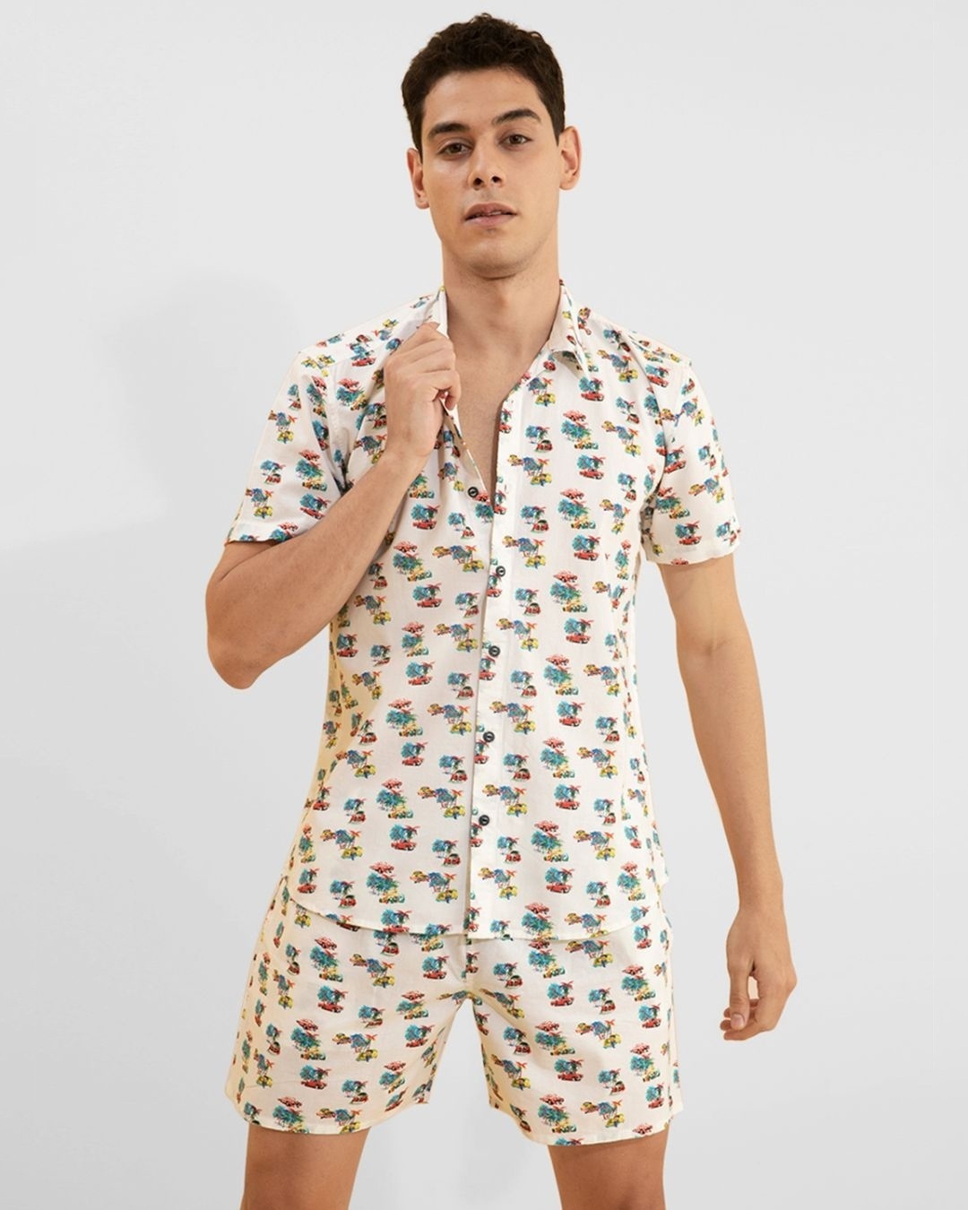 Buy Men's White All Over Cars Printed Cotton Co-Ord Set Online in India ...