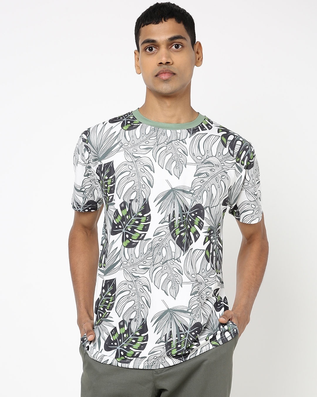 Shop Men's White All Over Leaf Printed T-shirt-Front