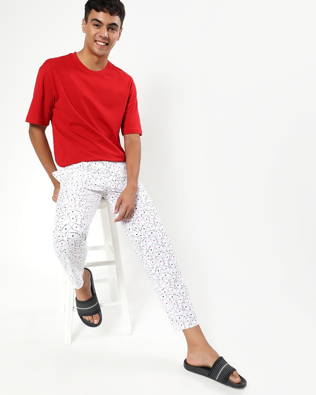 Shop Men's White All Over Playing Card Printed Pyjamas-Full