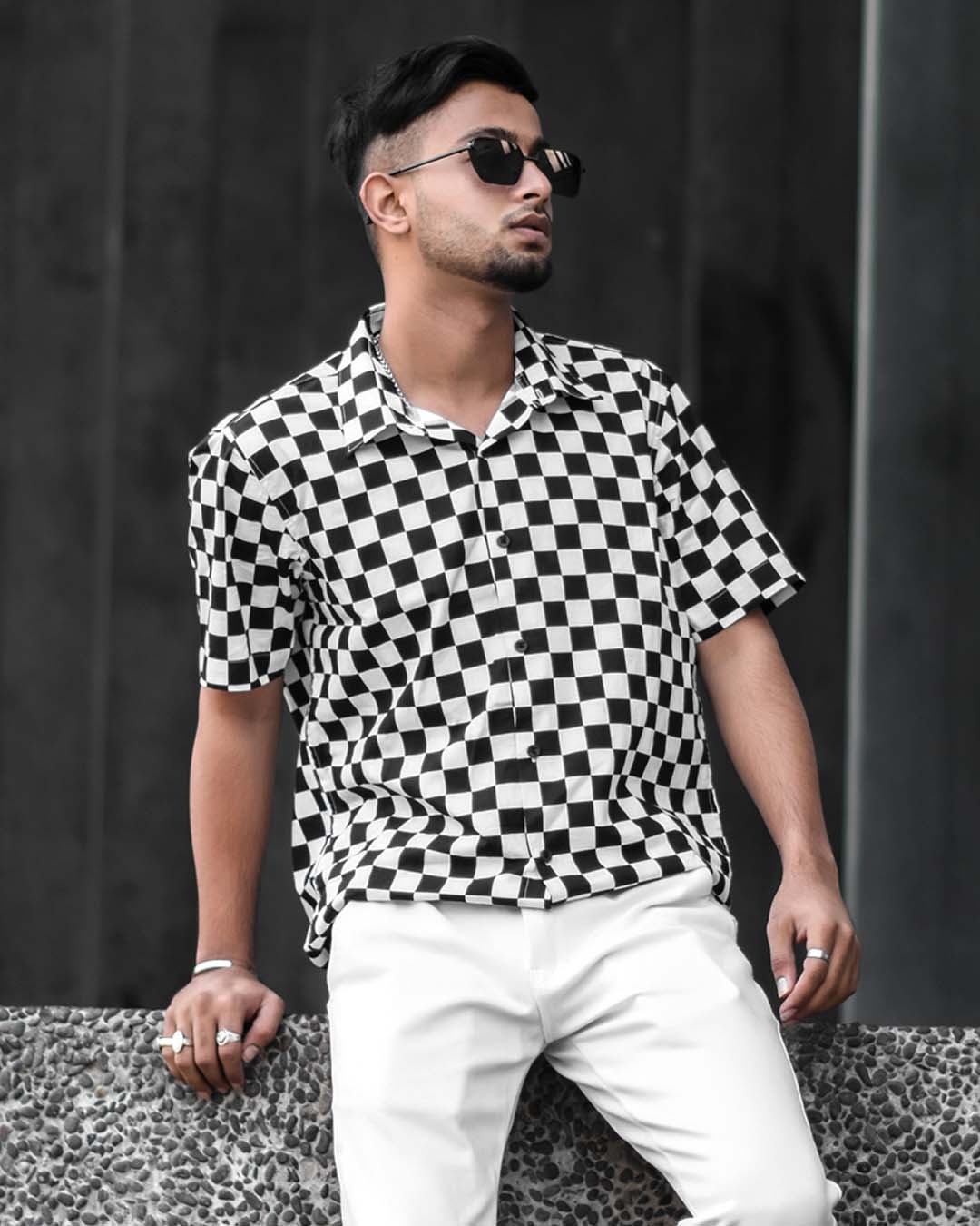 Shop Men's White and Black Check Print Half Sleeves Shirt-Front