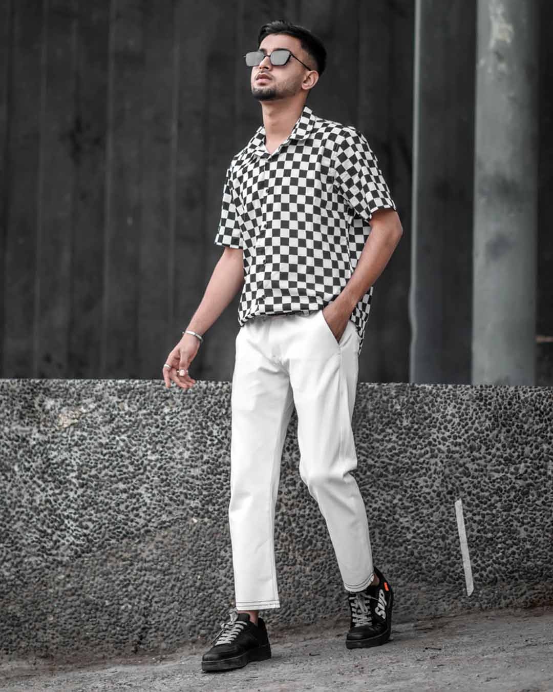 Shop Men's White and Black Check Print Half Sleeves Shirt-Full