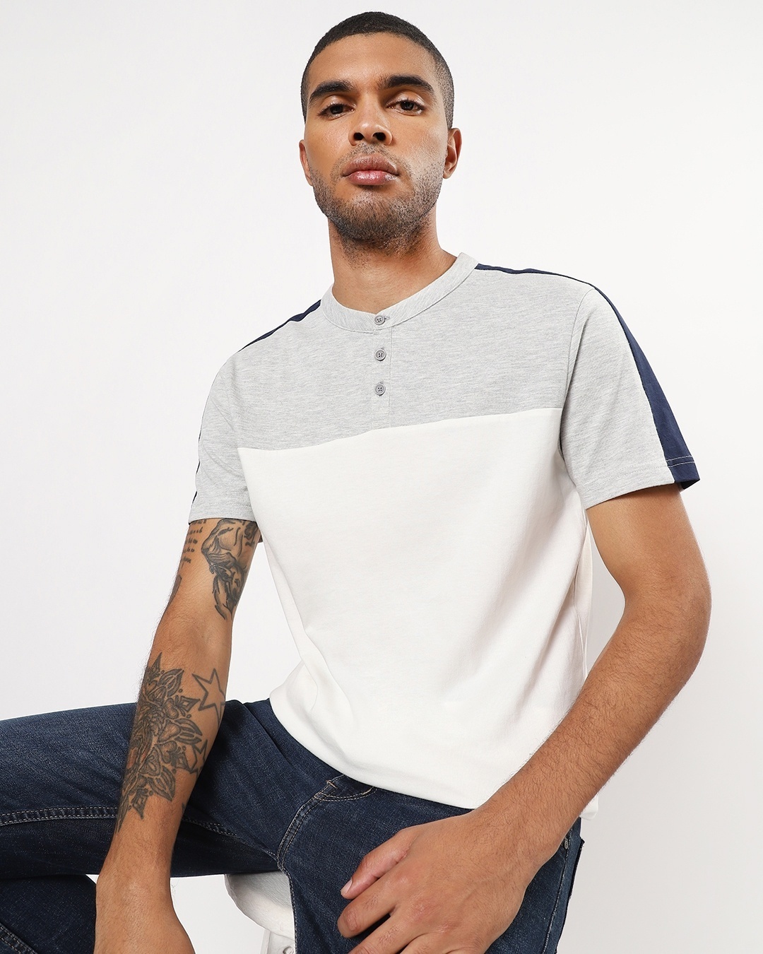 Shop Men's White and Grey Color Block Henley T-shirt-Front