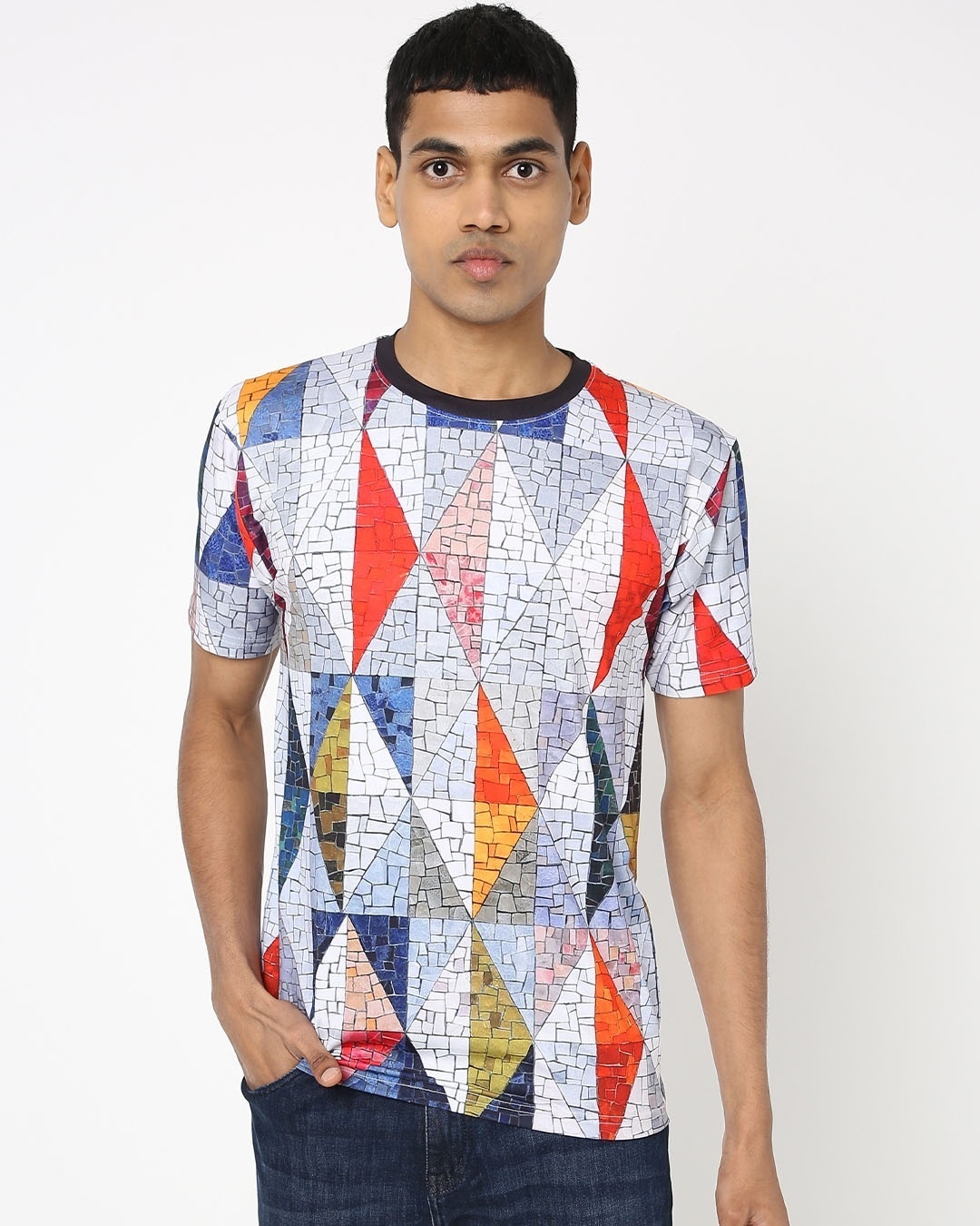 Shop Men's White & Blue All Over Marbella Printed T-shirt-Front