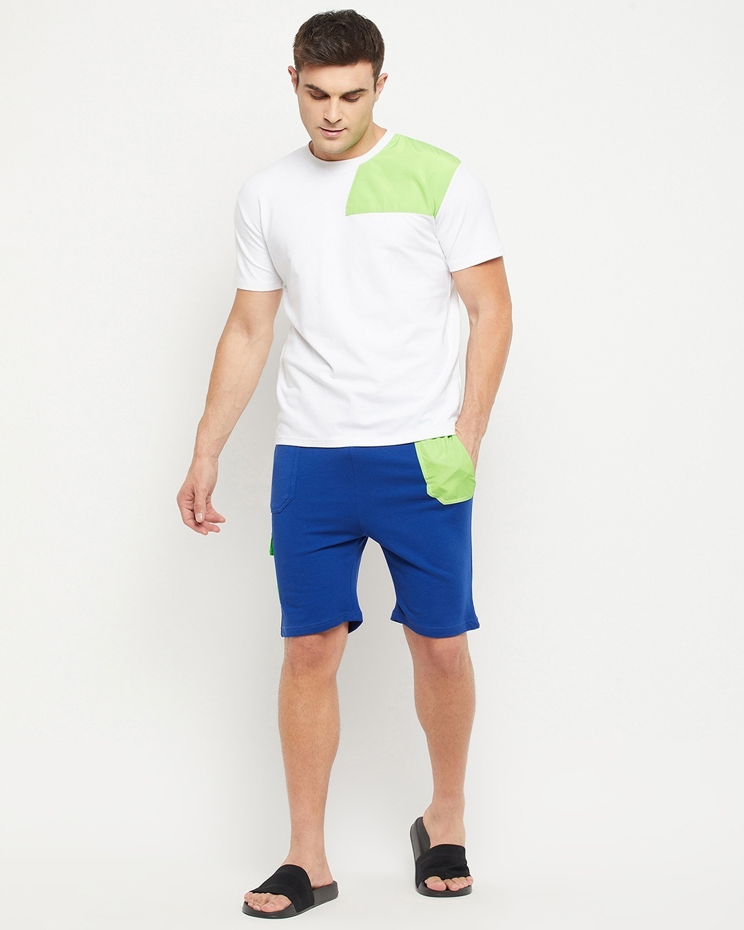 Buy Men's White & Blue Color Block T-shirt & Shorts Set Online in India ...