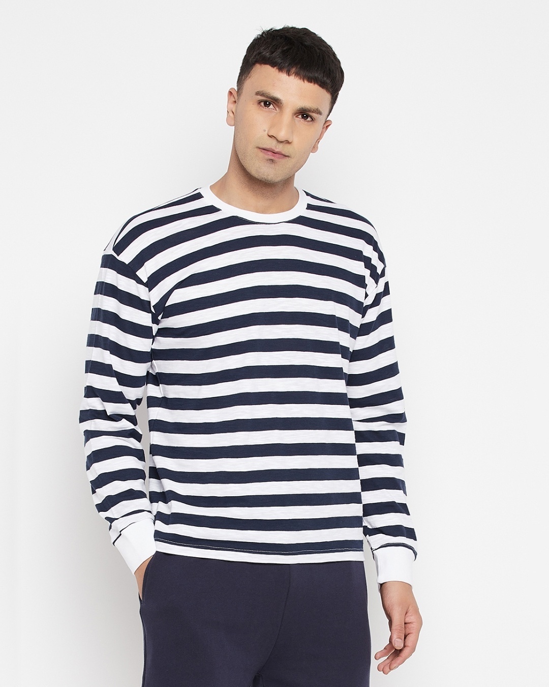 Shop Men's White & Blue Striped Oversized T-shirt-Front