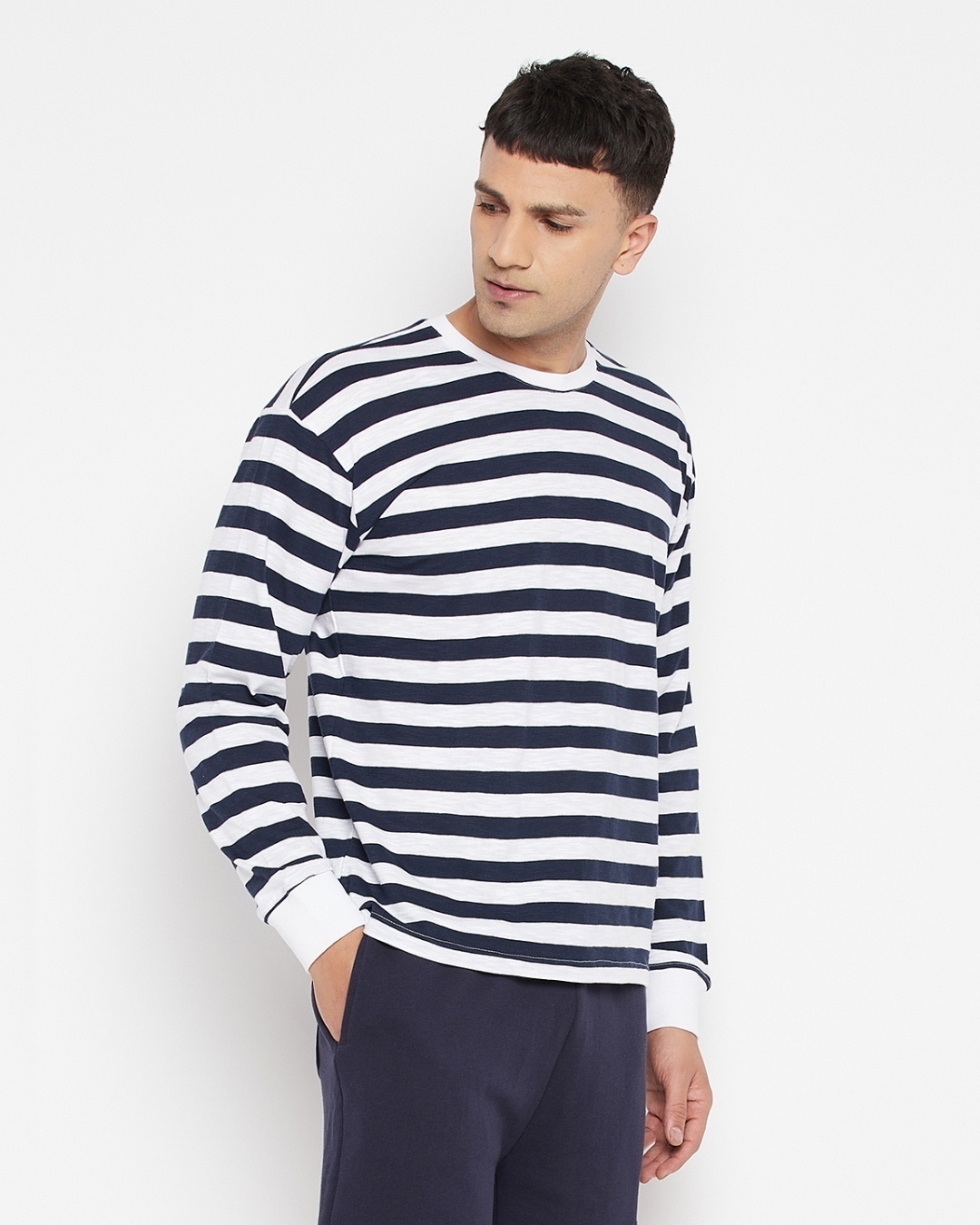 Shop Men's White & Blue Striped Oversized T-shirt-Back