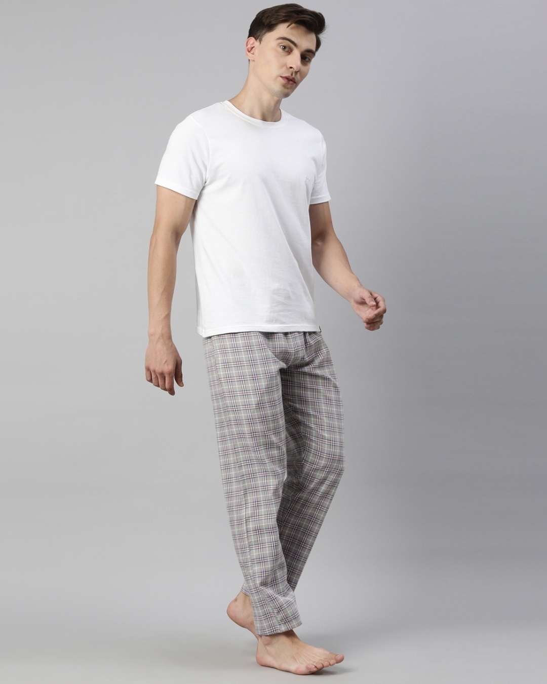 Buy Men's White & Grey Checked Cotton T-shirt & Pyjamas Set Online in ...