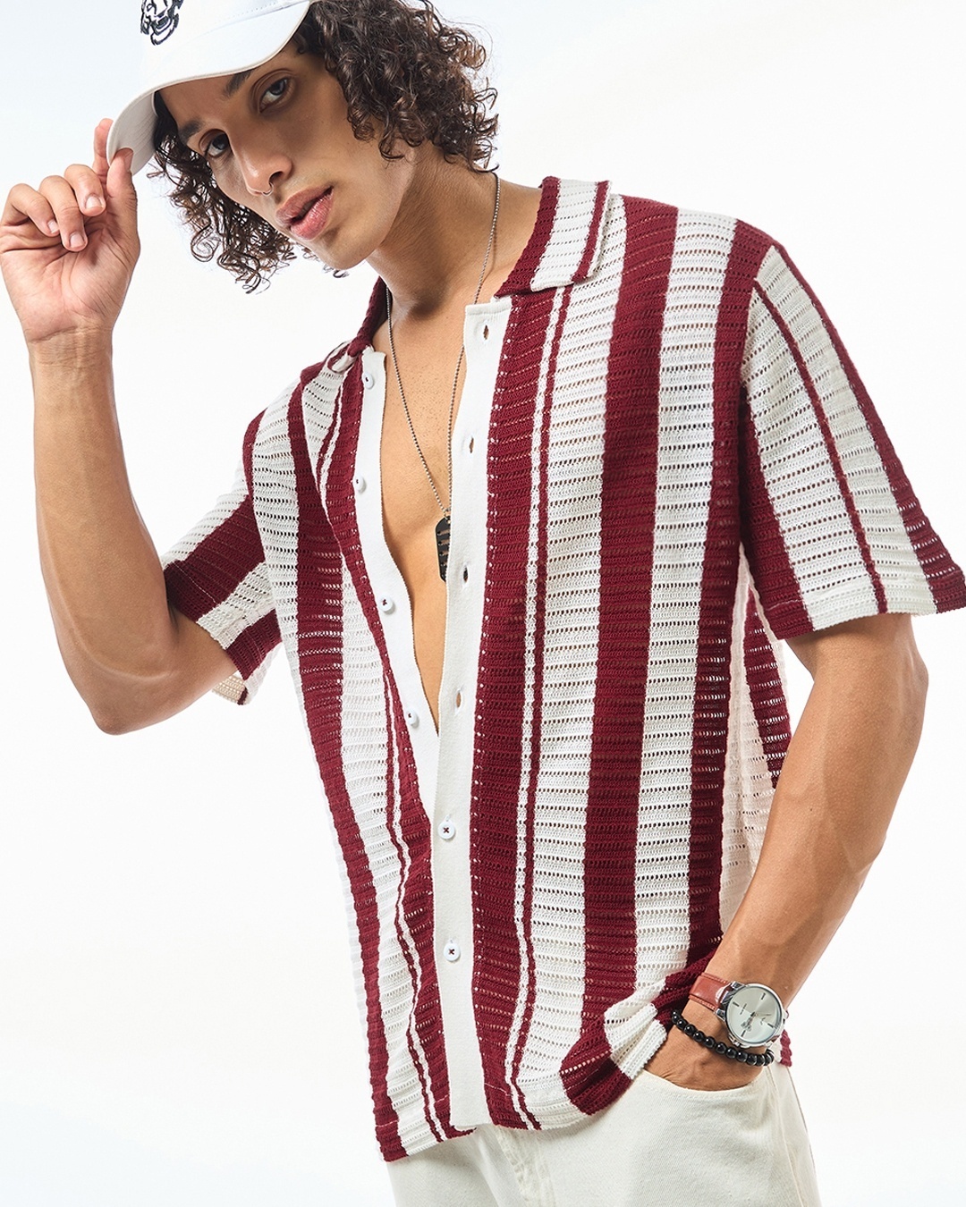 Men's White & Maroon Striped Flatknit Shirt