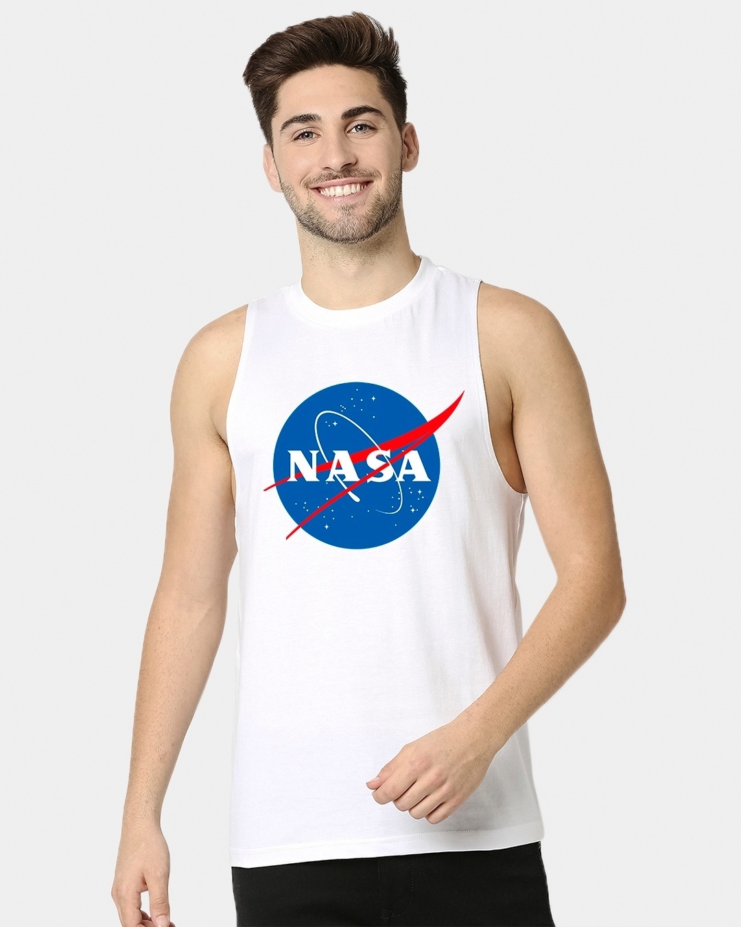 Shop Men's White NASA Meatball Logo Deep Armhole Typography Vest-Front
