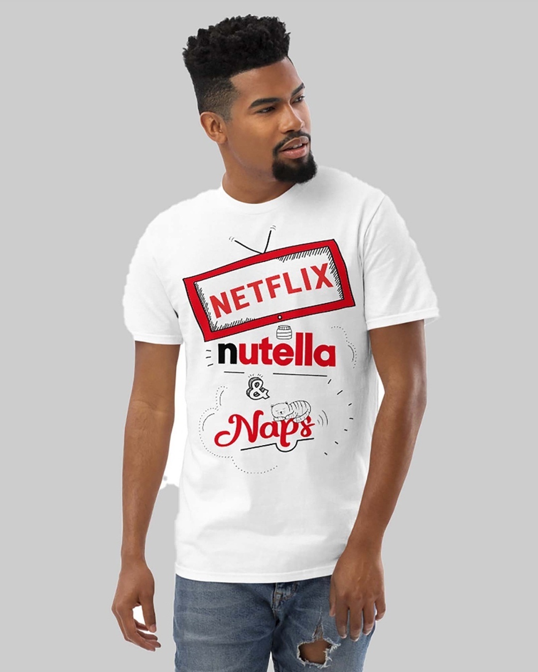Shop Men's White Netflix, Nutella & Naps Typography T-shirt-Front