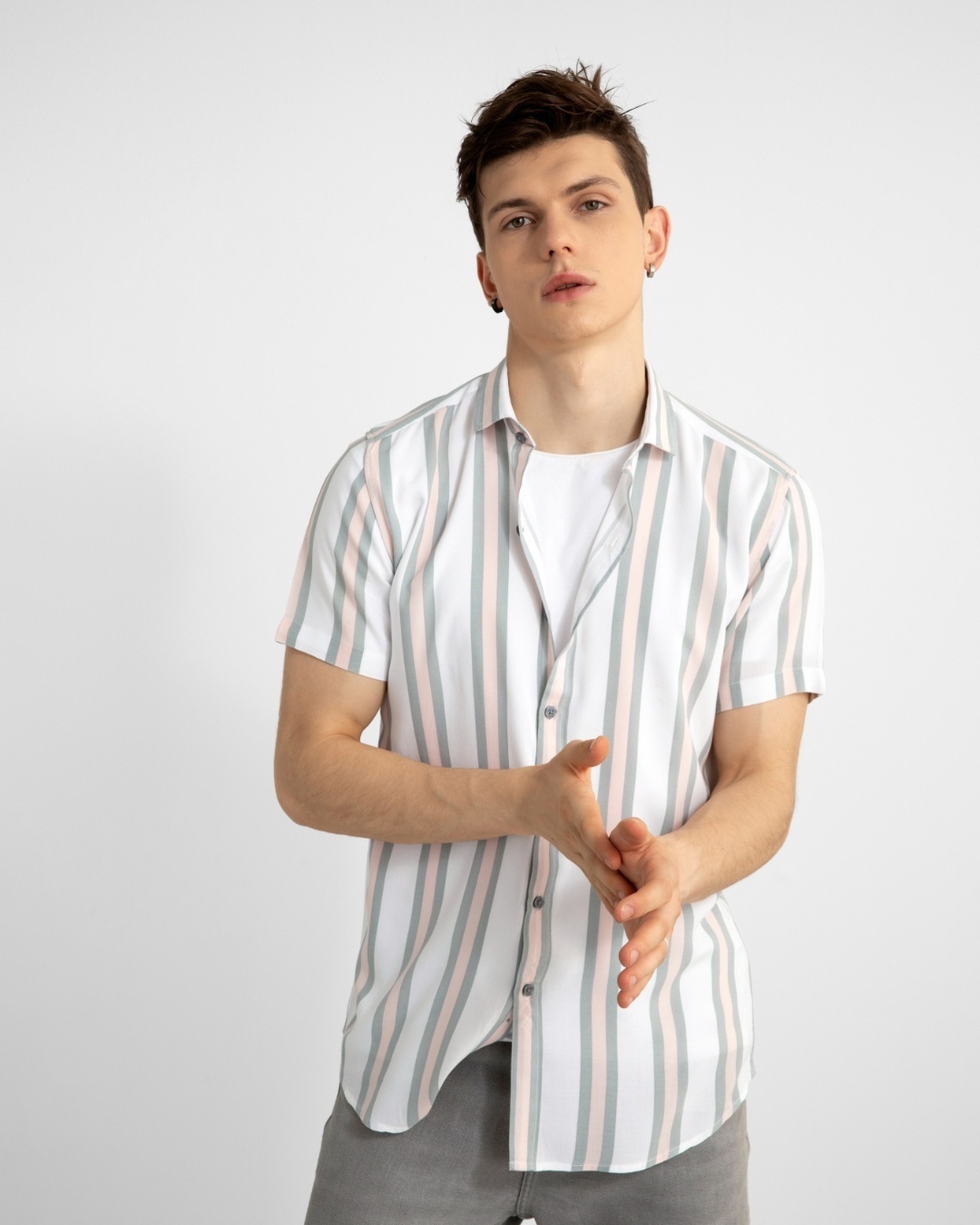 Shop Men's White & Pink Striped Slim Fit Shirt-Full