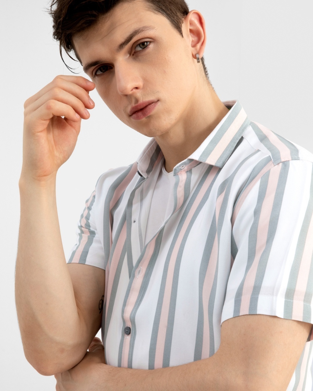 Shop Men's White & Pink Striped Slim Fit Shirt