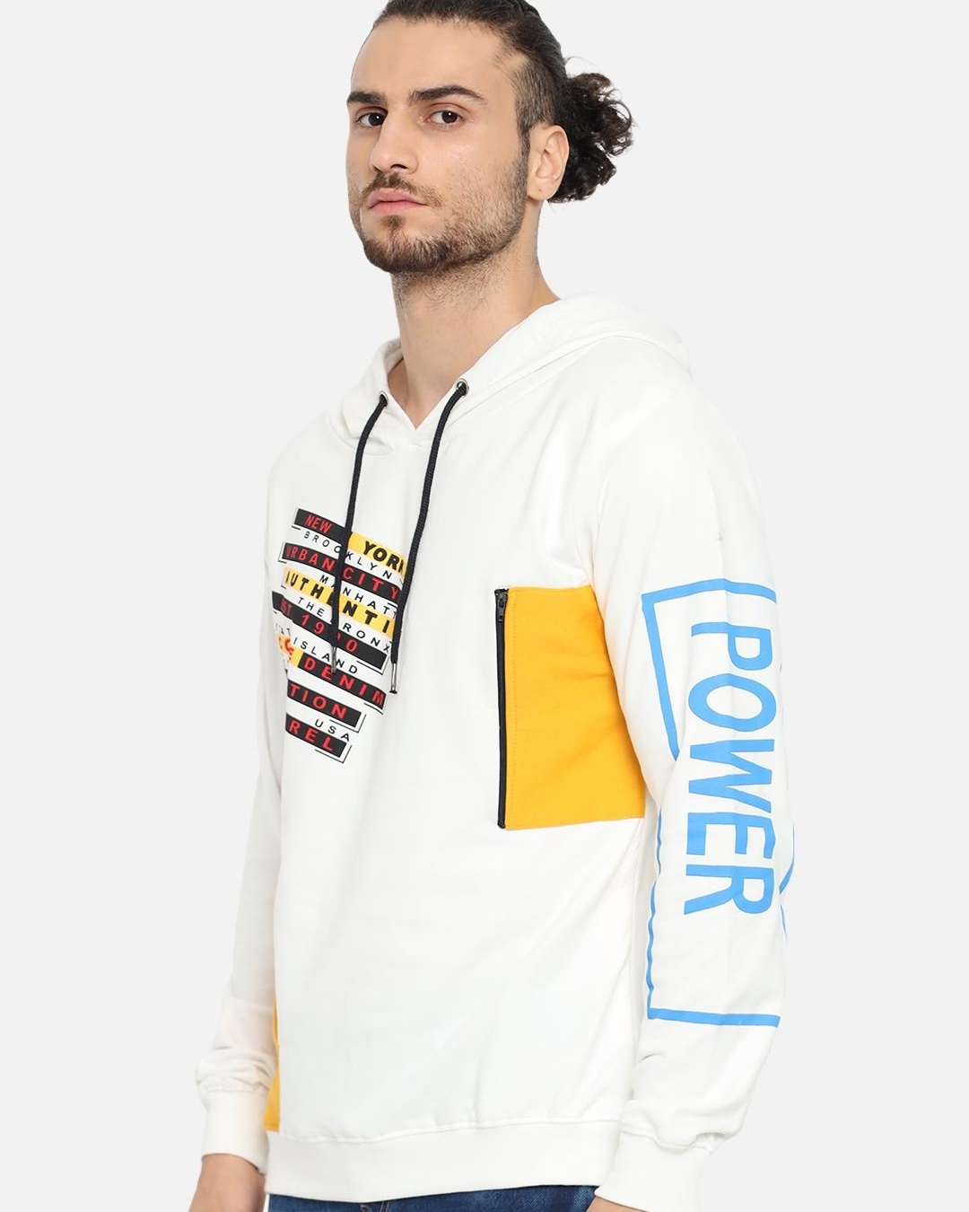 Shop Men's White Power Typography Hoodie Sweatshirt-Back