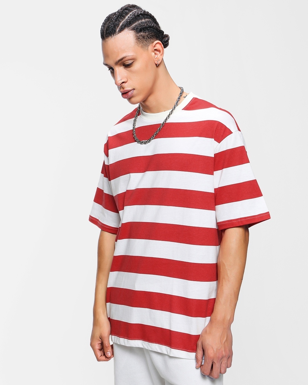 Buy Men's White & Striped Oversized T-shirt for Men at Bewakoof