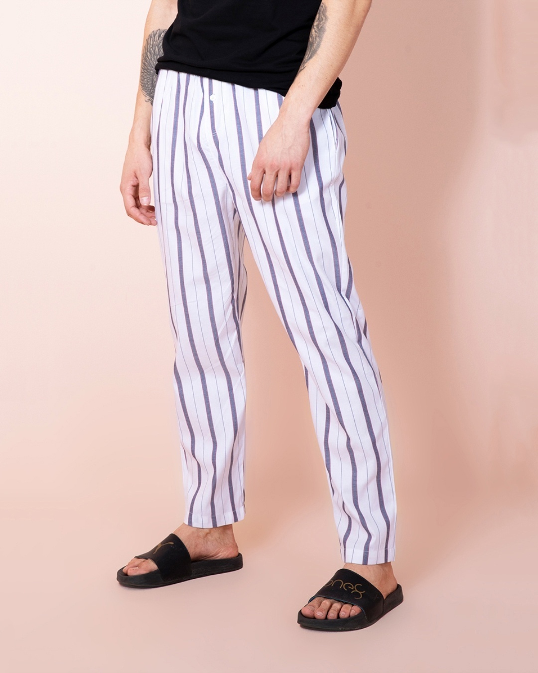 Shop Men's White Striped Cotton Pyjamas-Back