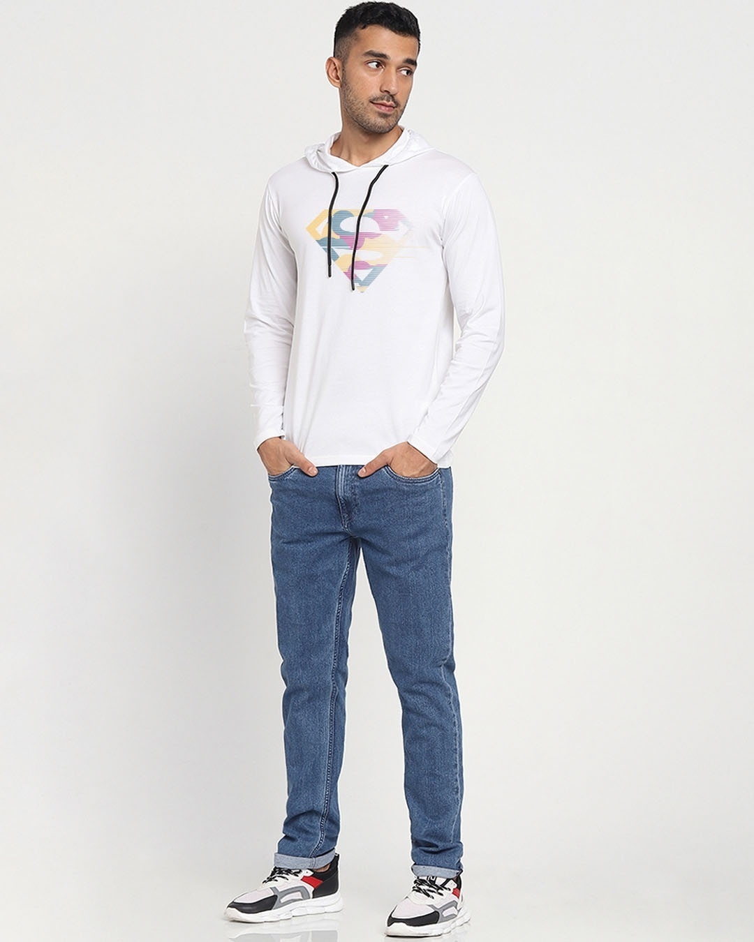 Shop Men's White Superman Line Art Cotton Graphic Printed Hoodie T-shirt-Design