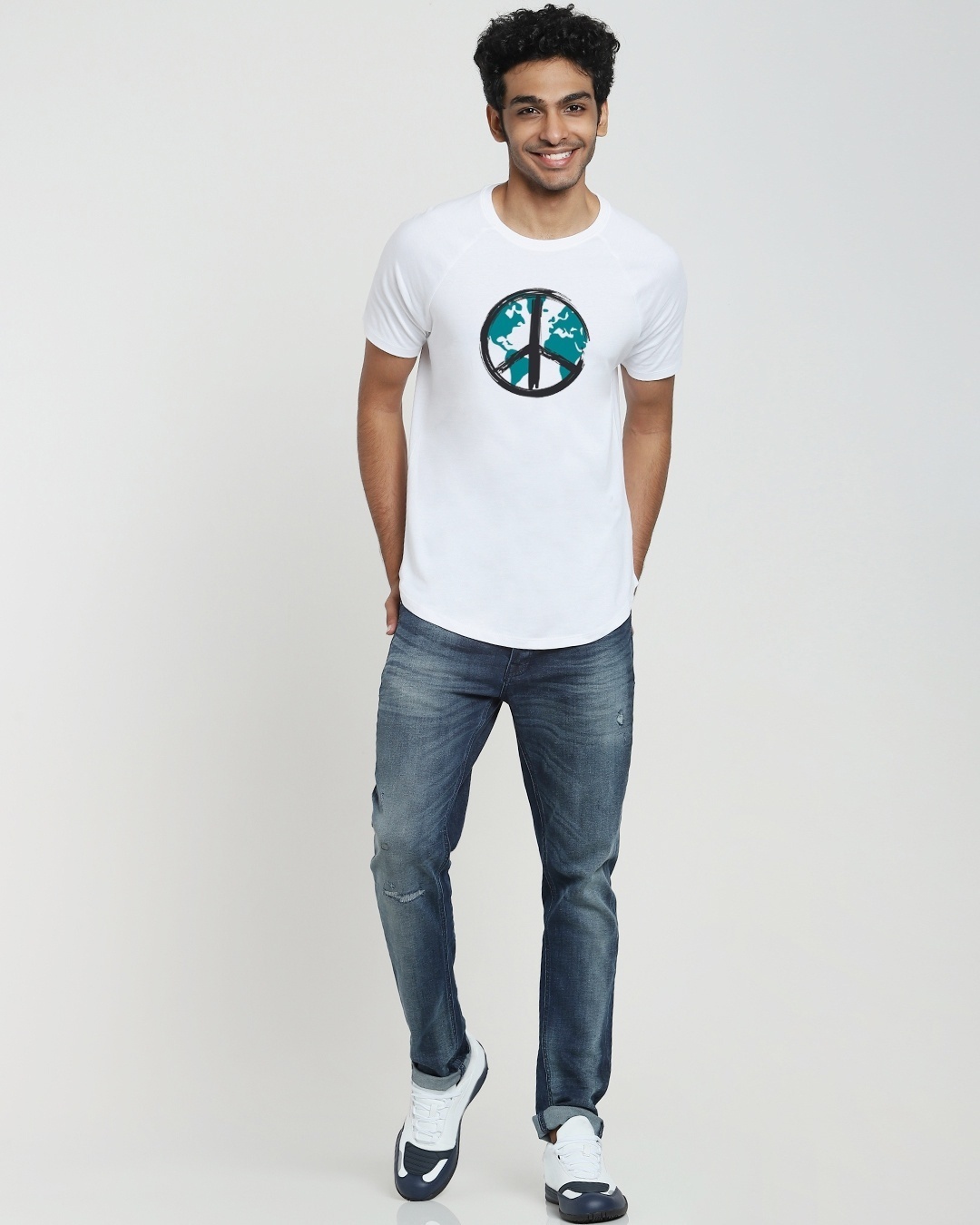 Shop Men's White World Peace Graphic Printed Apple Cut Raglan Sleeve T-shirt-Design