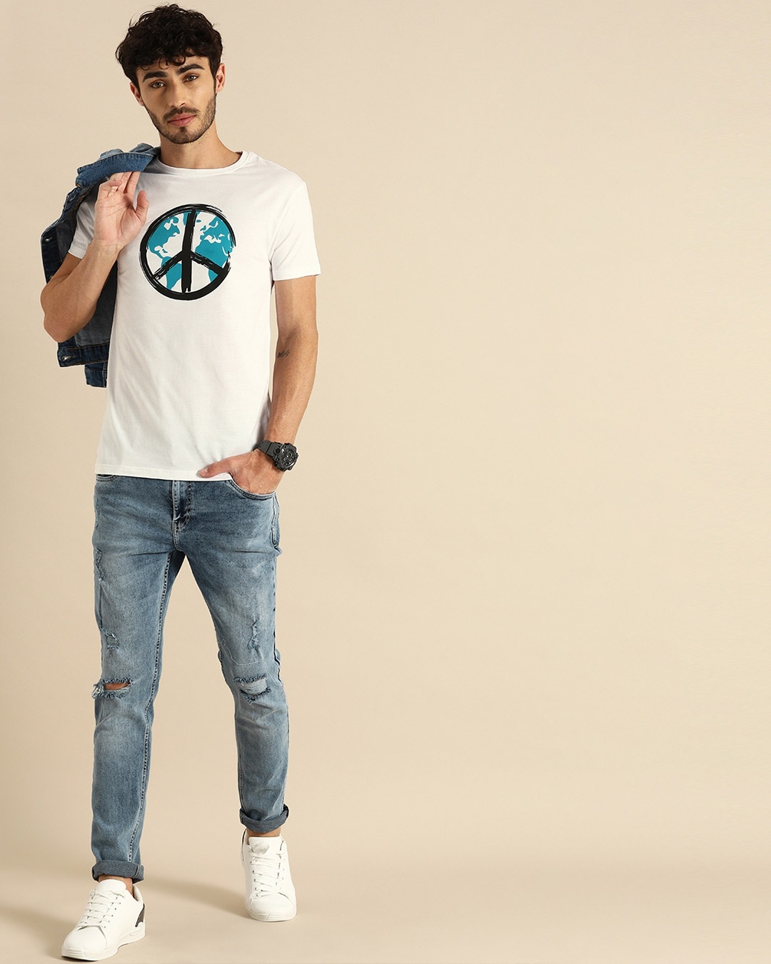 Shop Men's White World Peace T-shirt-Full