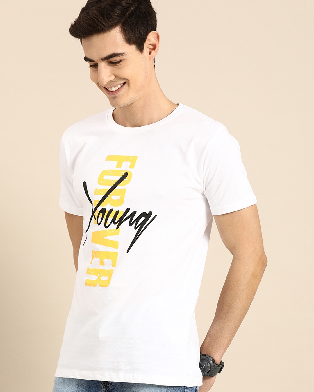 Shop Men's White Young Forever T-shirt-Back