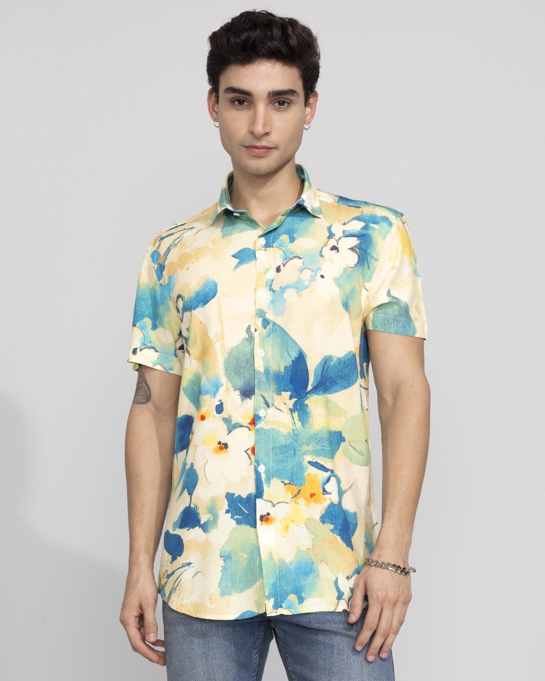 Buy Men's Yellow & Blue Abstract Printed Slim Fit Shirt for Men Yellow ...
