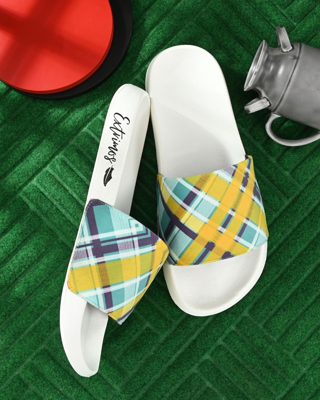 Shop Men's Yellow & Blue Checked Sliders-Front