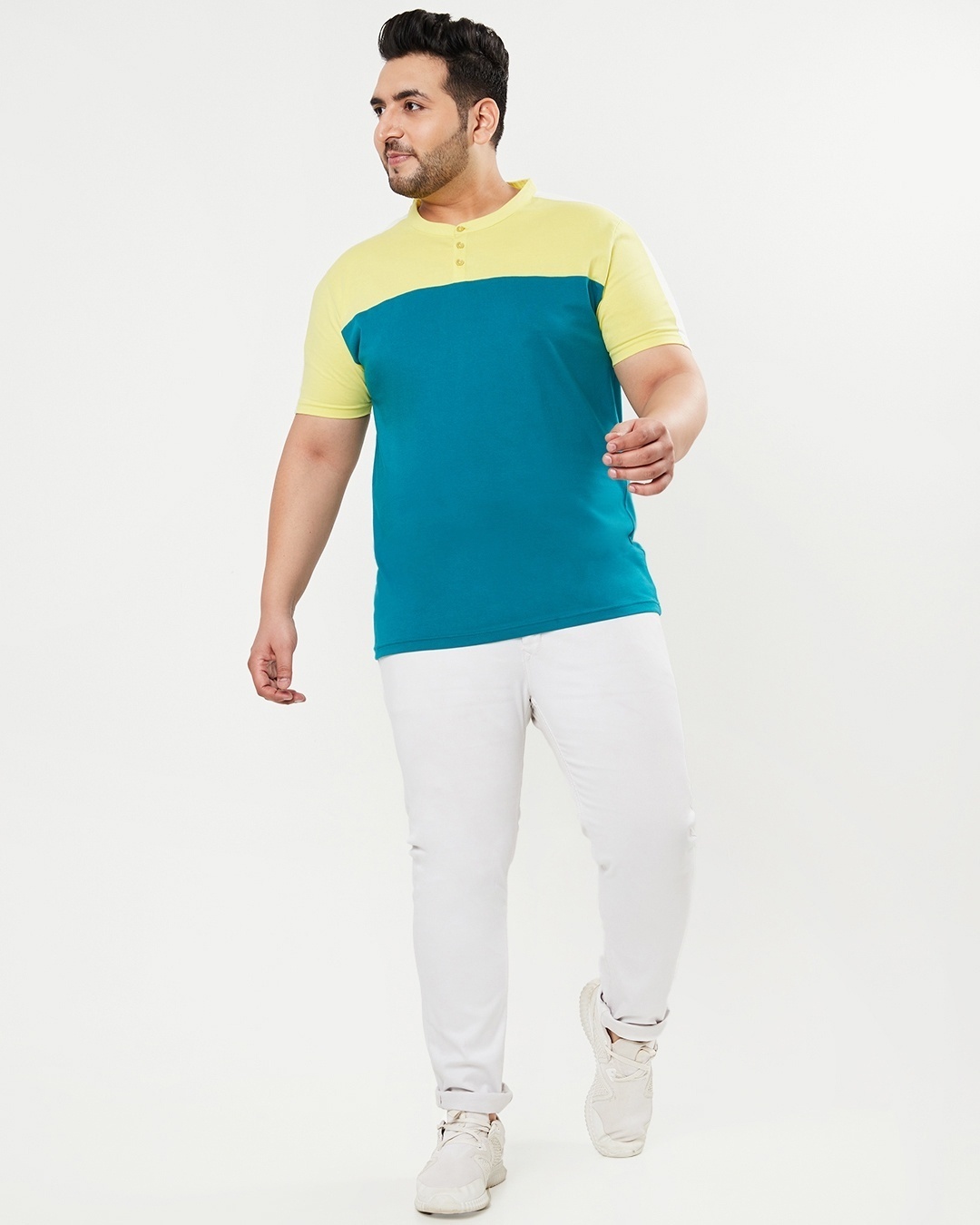 Shop Men's Yellow & Blue Color Block Plus Size Henley T-shirt-Full