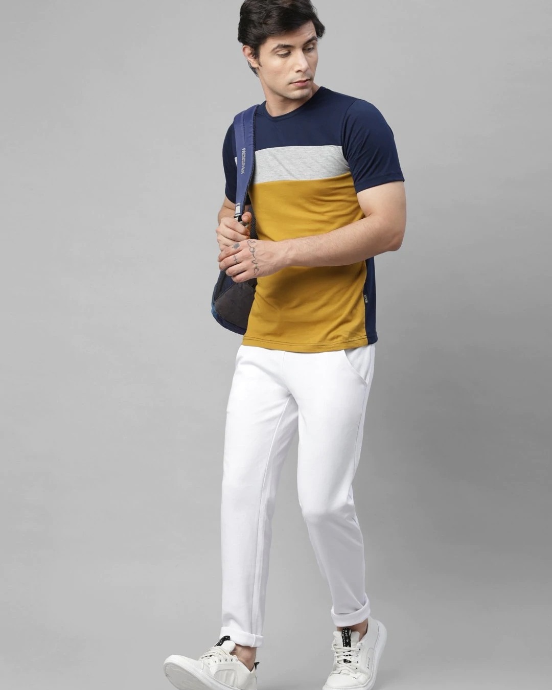 Shop Men's Yellow & Blue Color Block T-shirt-Front