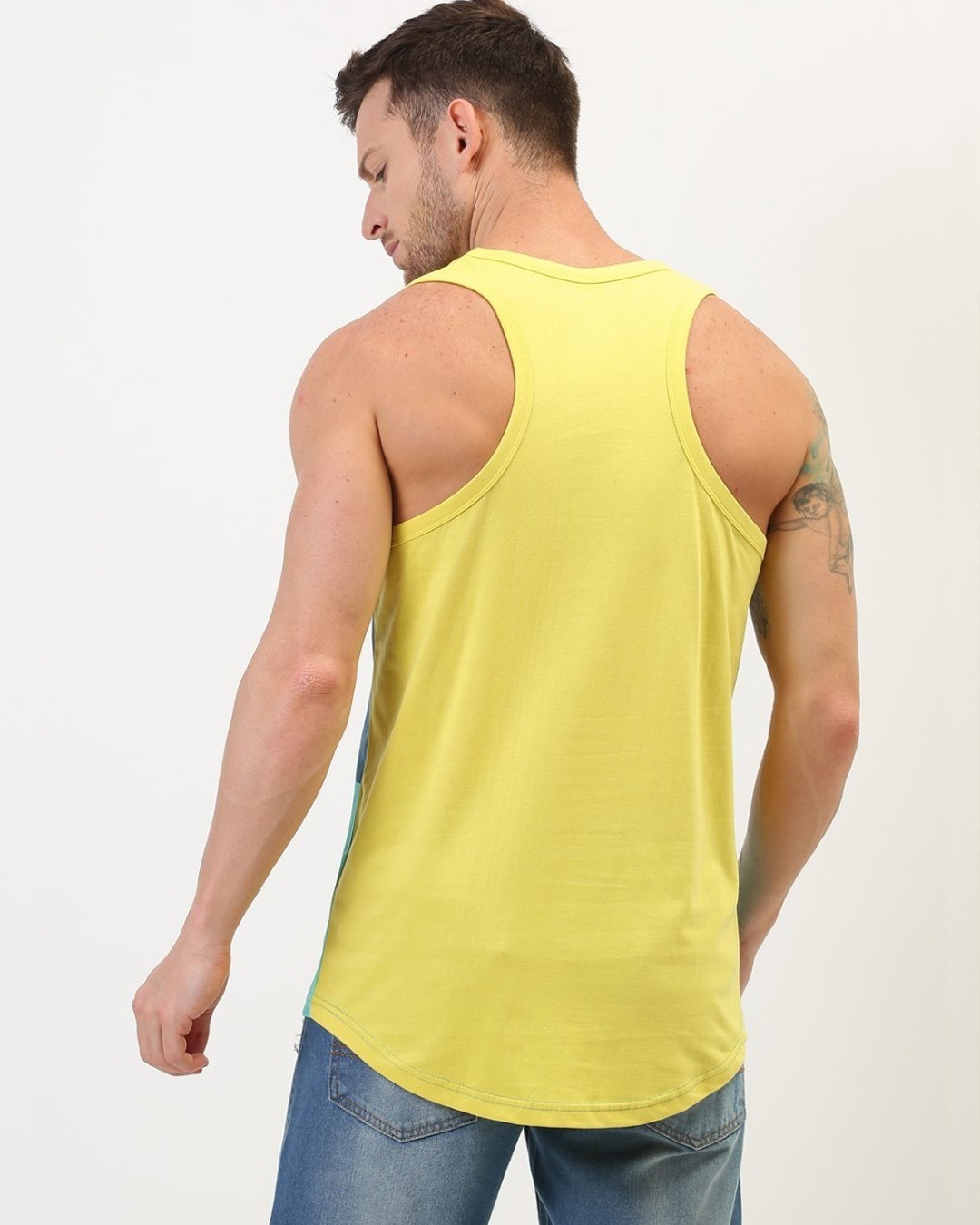 Shop Men's Yellow & Blue Colourblocked Tank Top-Back