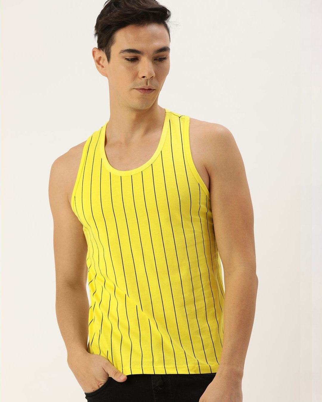 Shop Men's Yellow Colourblocked Tank Top-Front