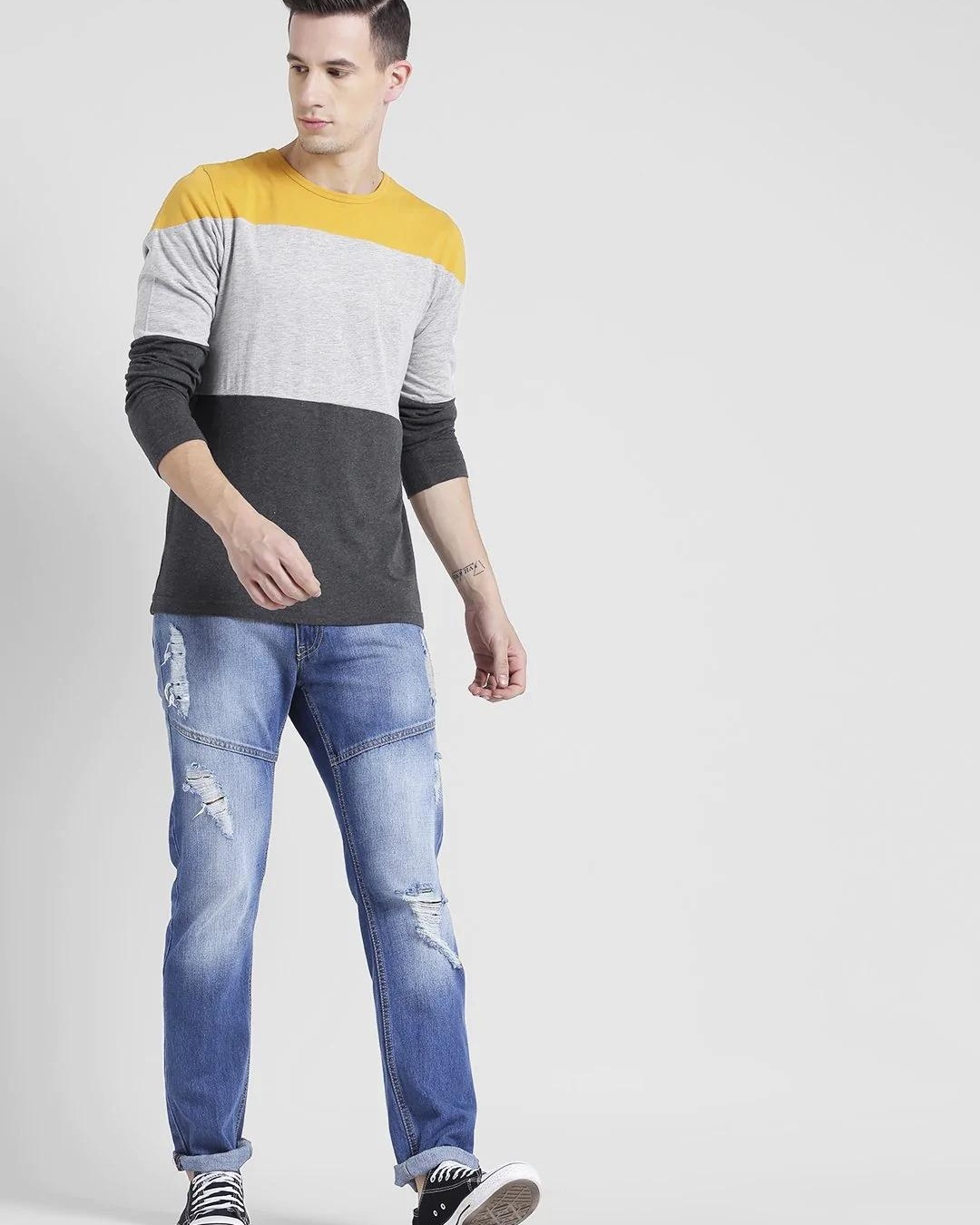 Buy Men's Yellow & Grey Color Block Slim Fit T-shirt Online at Bewakoof