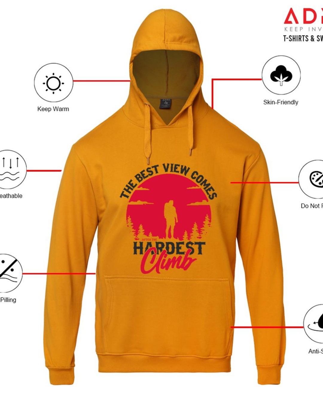 Shop Men's Yellow Hardest Climb Graphic Printed Hoodie-Design