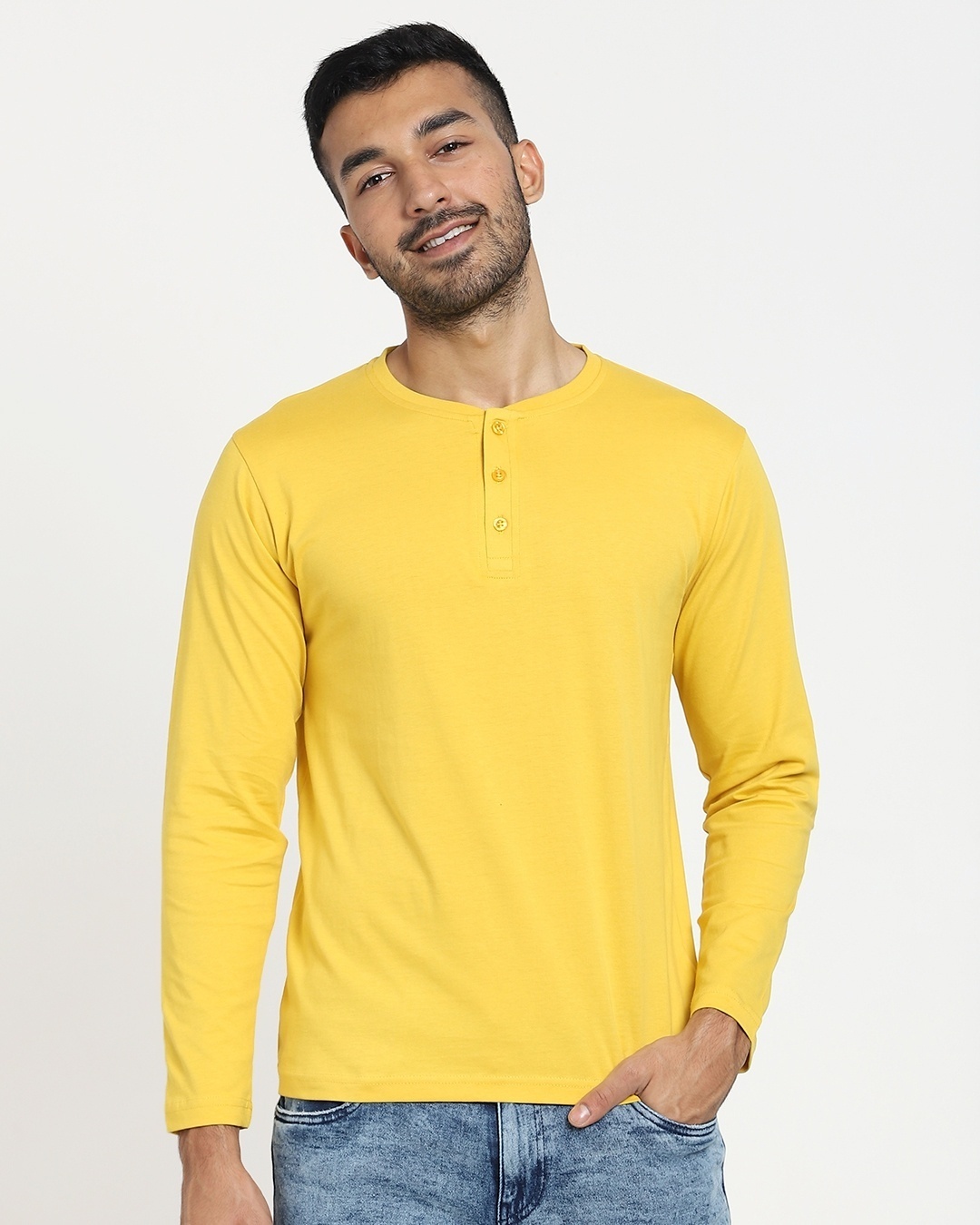 Shop Men's Yellow Henley Plus Size T-shirt-Front