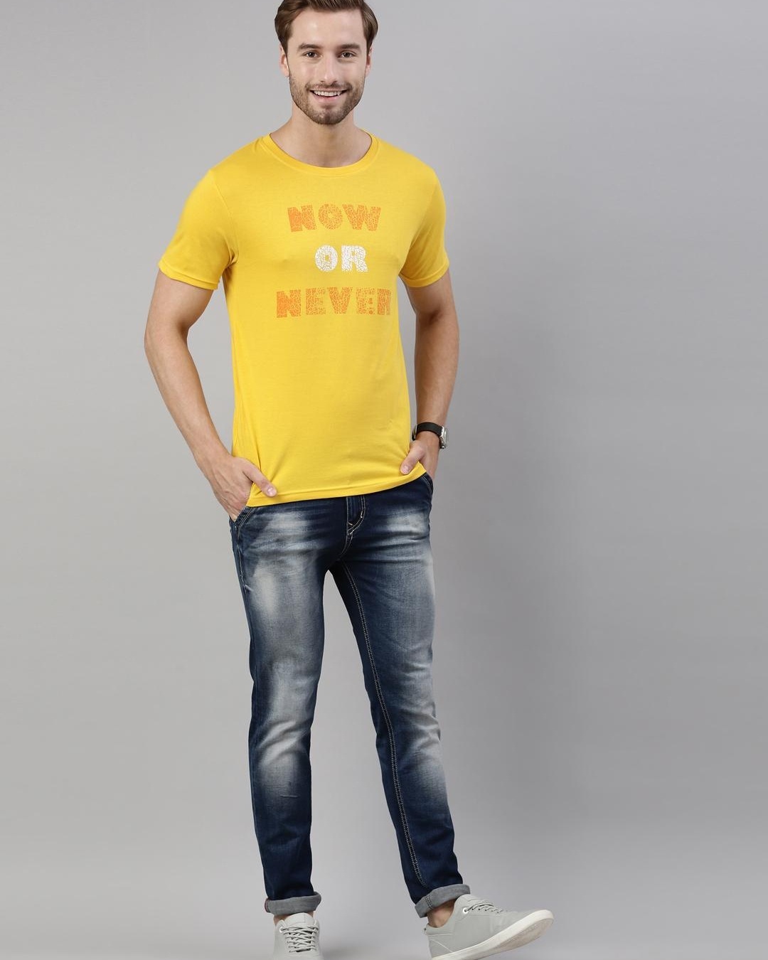 Buy Men's Yellow Now Or Never Typography T-shirt for Men Yellow Online ...