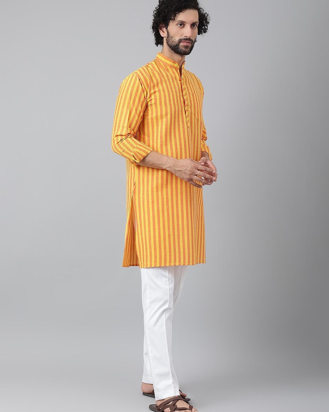 Shop Men's Yellow Striped Kurta-Design