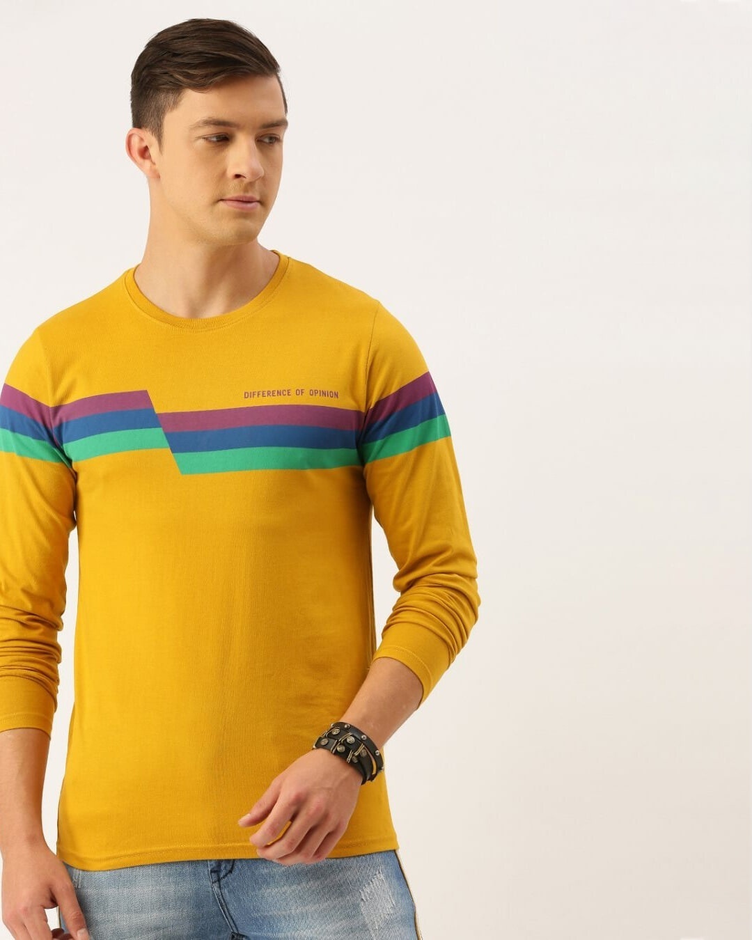 Shop Men's Yellow Striped T-shirt-Front