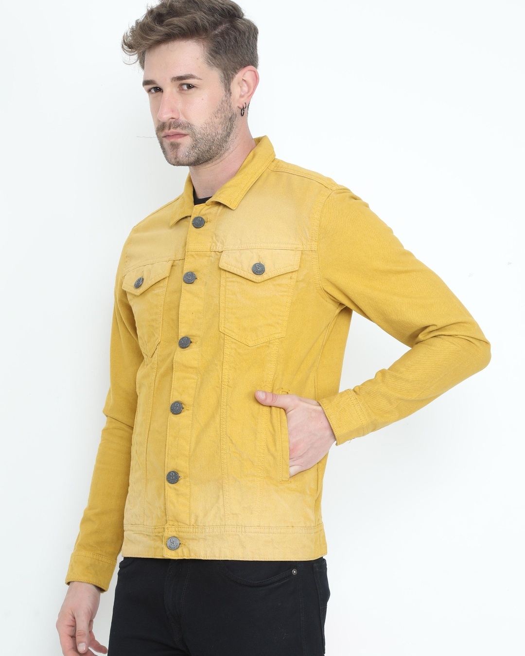 Shop Men's Yellow Washed Denim Jacket-Back