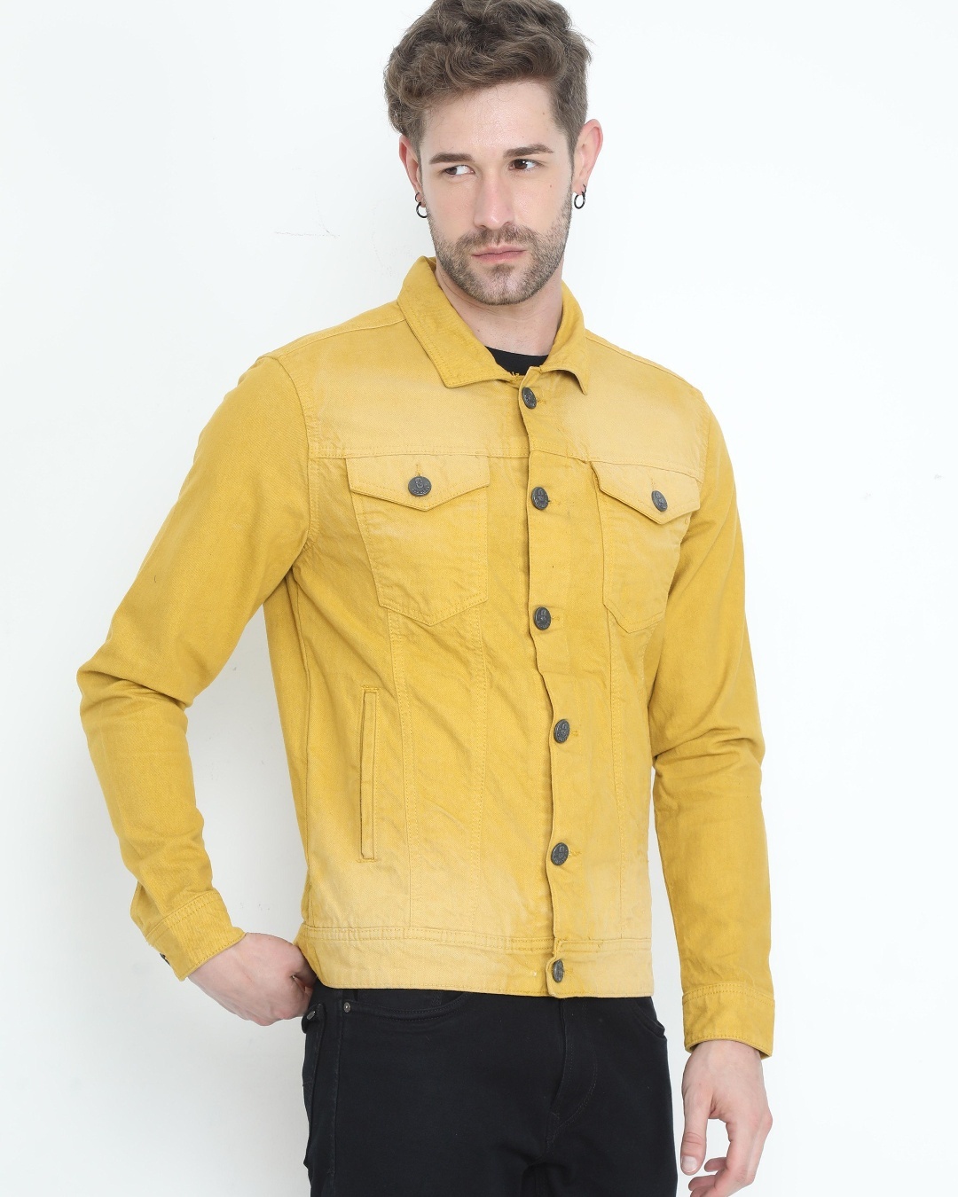 Shop Men's Yellow Washed Denim Jacket-Design